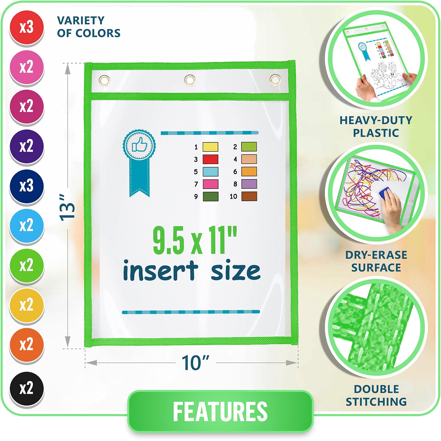 22 Dry Erase Pockets Reusable Sleeves 10x13 - Dry Erase Pocket Sleeves Dry-Erase Sleeve Classroom Pack Dry-Erase Sheet Protectors Pouches Write and Wipe Pockets Erasable Pocket Sleeve for Classroom