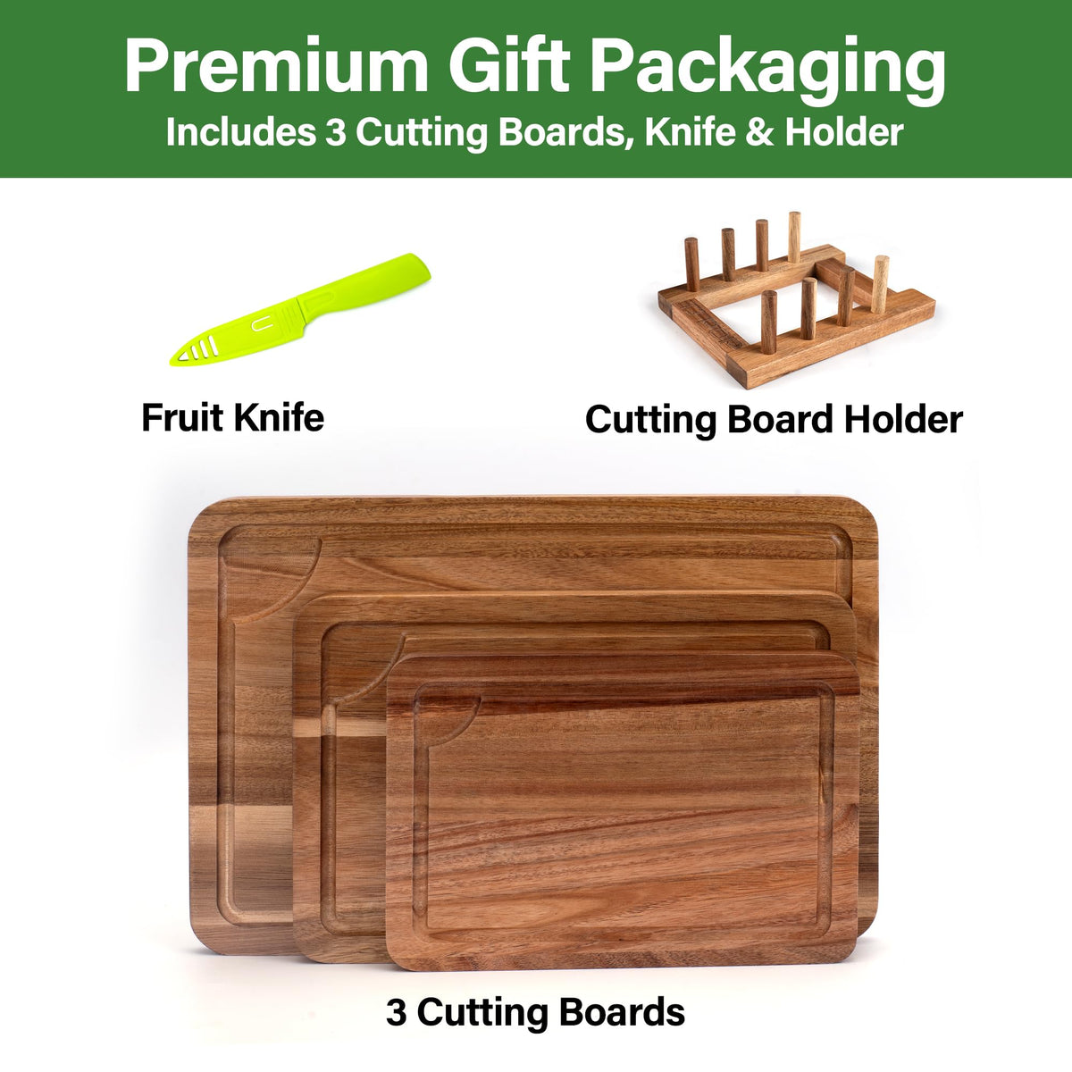 Wood Cutting Board for Kitchen, Wooden Cutting Board Set of 3 with Juice Groove, Double-Sided Chopping Board Serving Board for Meat, Vegetables and Cheese