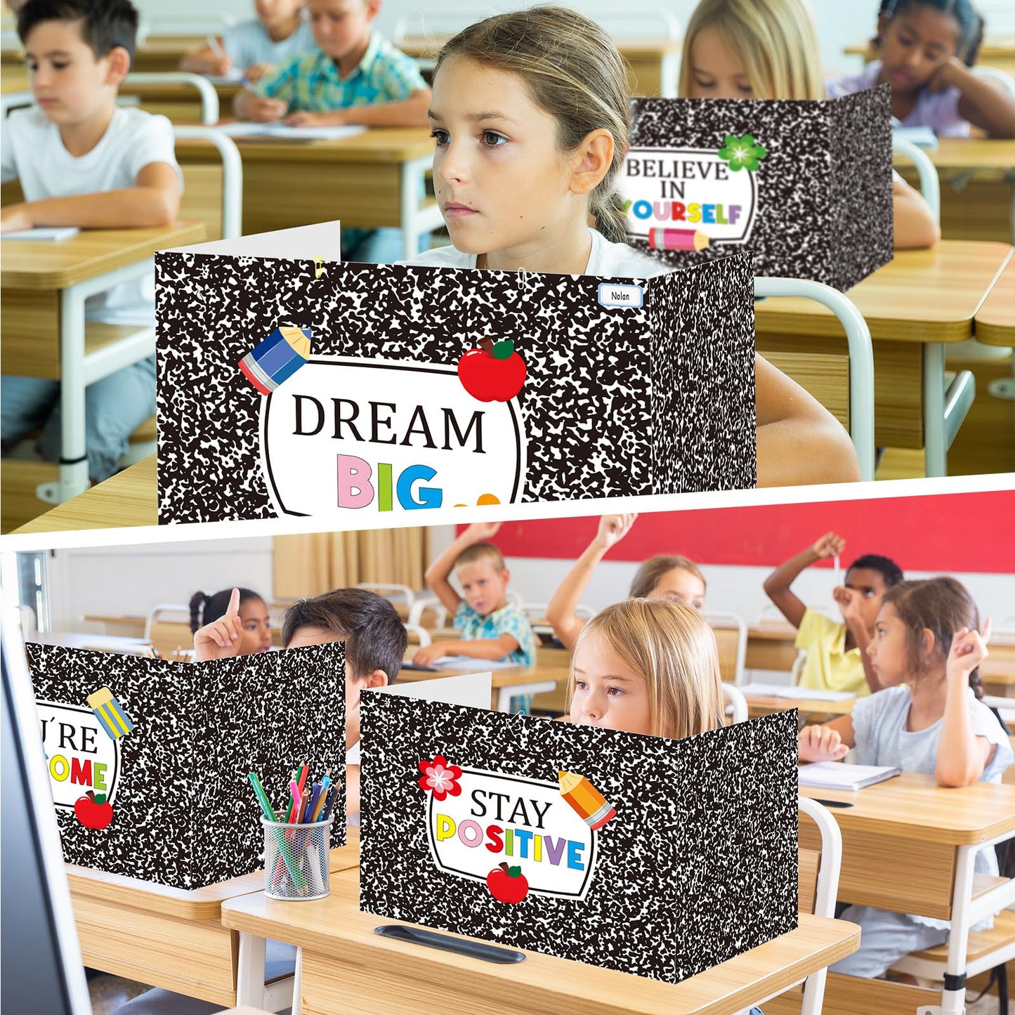 Cinrobiye 24 Pcs Composition Privacy Folders Standard for Students Cardboard Shields Test Privacy Boards Inspirational Words Desk Dividers Shield for Classroom School Study Supplies (Black)