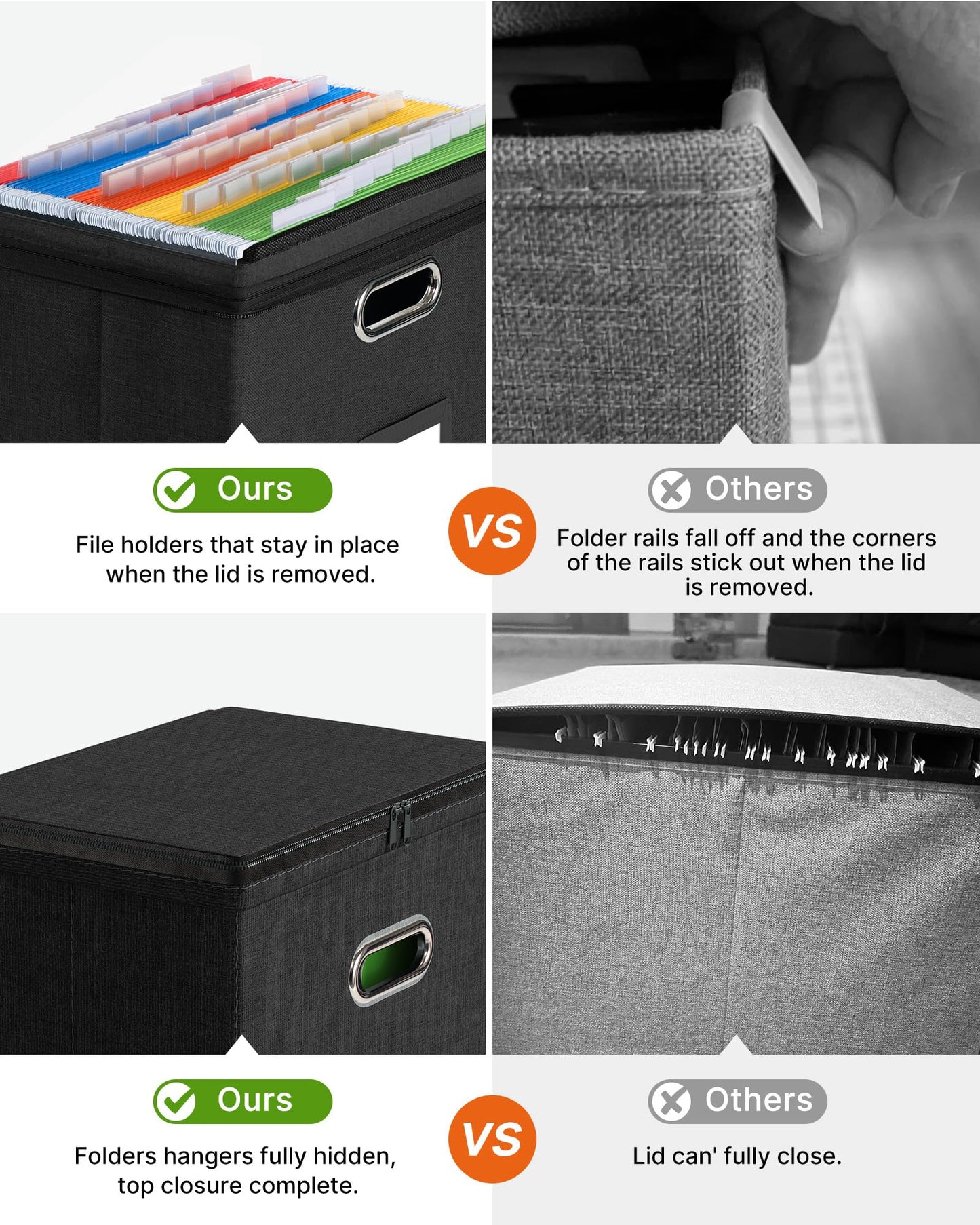 Oterri Zipper File Boxes with Lids, Letter Size File Organizer with Mesh Pockets, Portable Filing Box with Handle, Zippers Document Organizer Storage Box for Office/Home/School (2 Pcs, Black)
