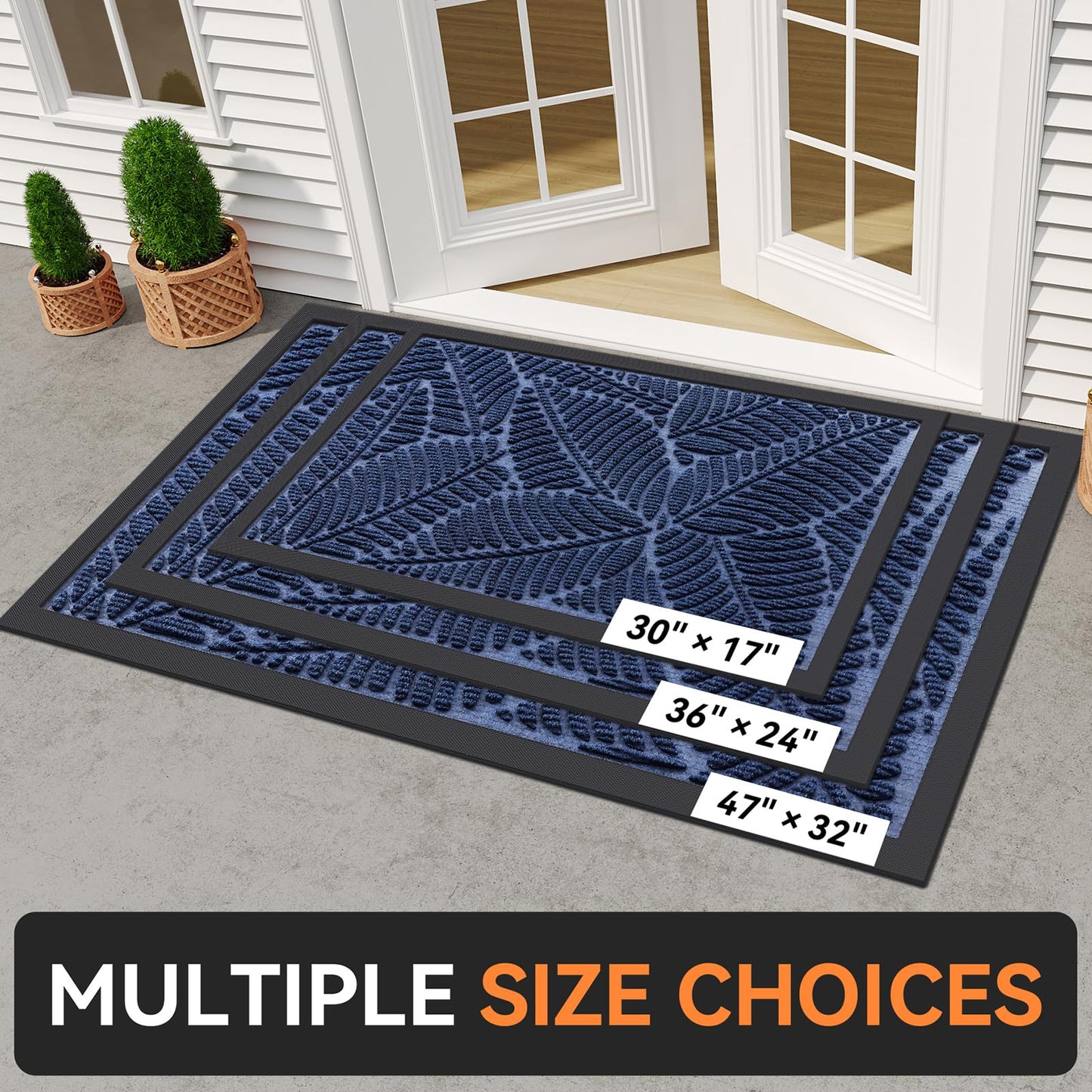 Grandaily Front Door Mat Indoor Outdoor Waterproof Doormat, Non Slip Natural Rubber Welcome Mat, Heavy Duty Durable Super Absorbent Entryway Rugs, 36"x24", Navy