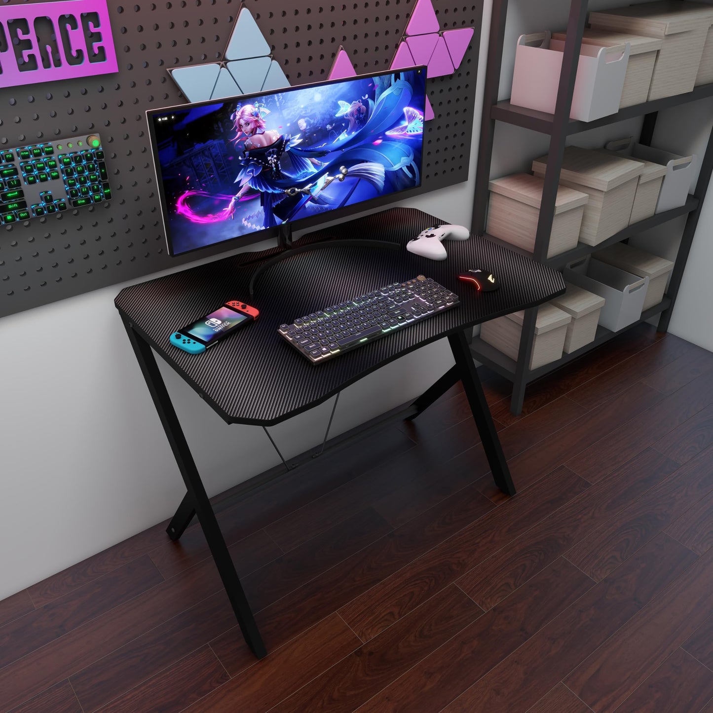 DEILALY 35In Carbon Fiber Small Gaming Desk W90CM Small Computer Table Gamer Desk Office Home Study Work Station Bureau Pupitre PC Table Steel Legs Dormitory Apartment Corner Desk