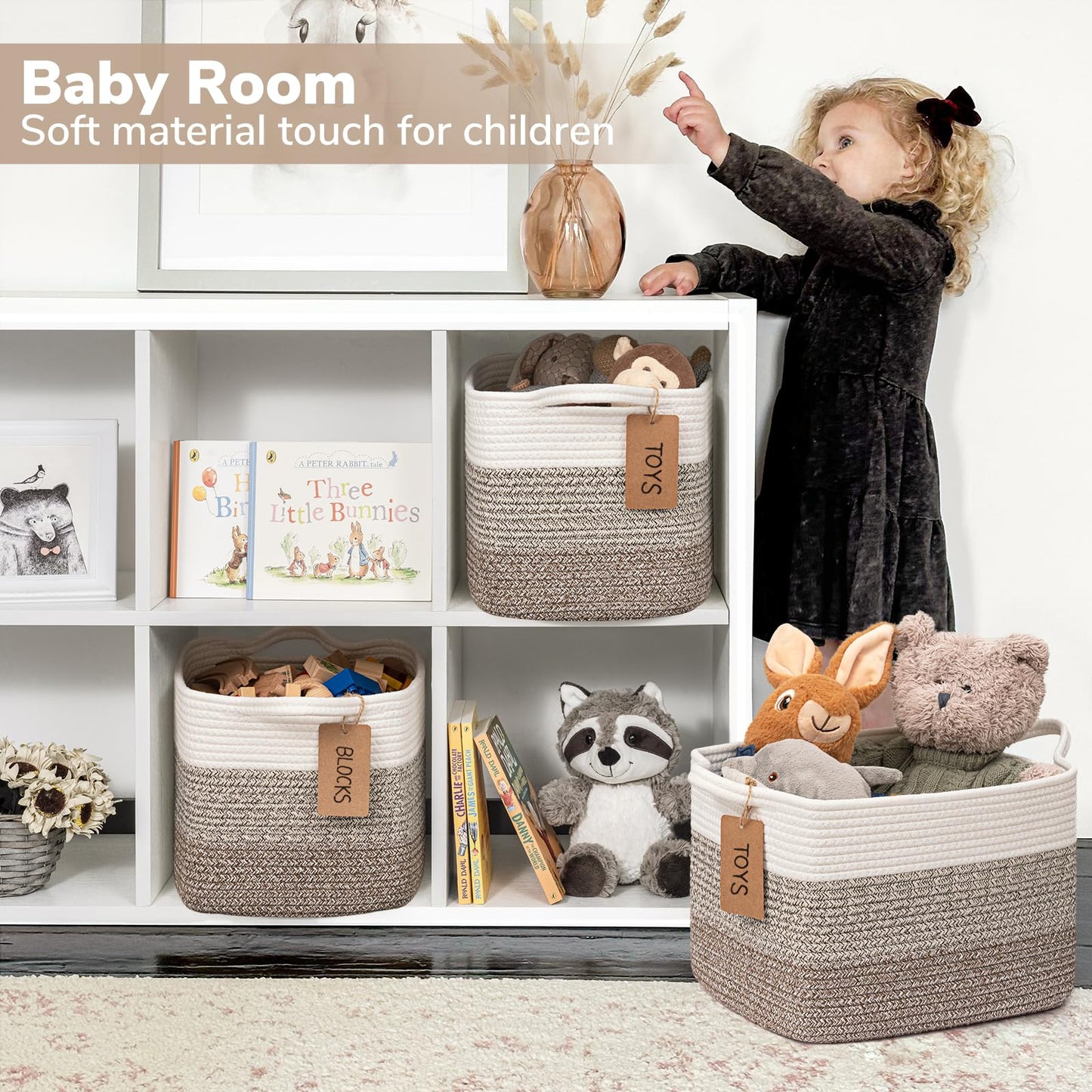 Goodpick Organizing Baskets, 13 x 10 x 9 Inches, Woven Storage Baskets for Shelves, Baby Gift Basket for Nursery, Small Decorative Laundry Basket 3 Pack, panier rangement, White & Brown