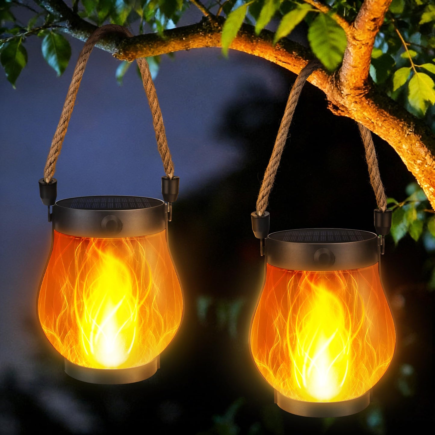 Jyoiat Outdoor Solar Lantern Lights - 2 Pack Solar Flame Hanging Patio Lights Garden Lights with USB Dual Mode Front Porch Lamps Wall Mount Patio Garage Decorative
