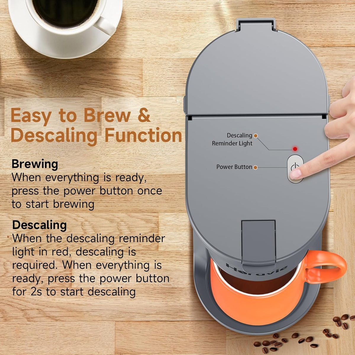 Small Single Serve Coffee Maker, Fast Brew One Cup Coffee Machine for K Cup and Grounds, 6 to 12 oz. Brew Sizes, Capsule Coffee Machine with Descaling Reminder and Viewing Tank, Grey
