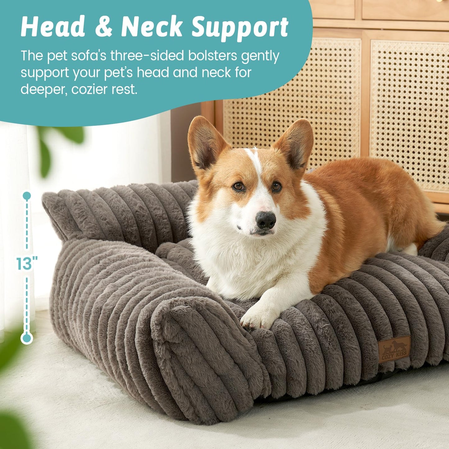 COZY KISS Dog Beds for Small Dogs and Cat Bed, Premium Plush Faux Fur Pet Sofa Bed Couch, Ultra-Soft Pet Furniture for Cats & Small Dogs, 80x60 cm (Grey, Medium)