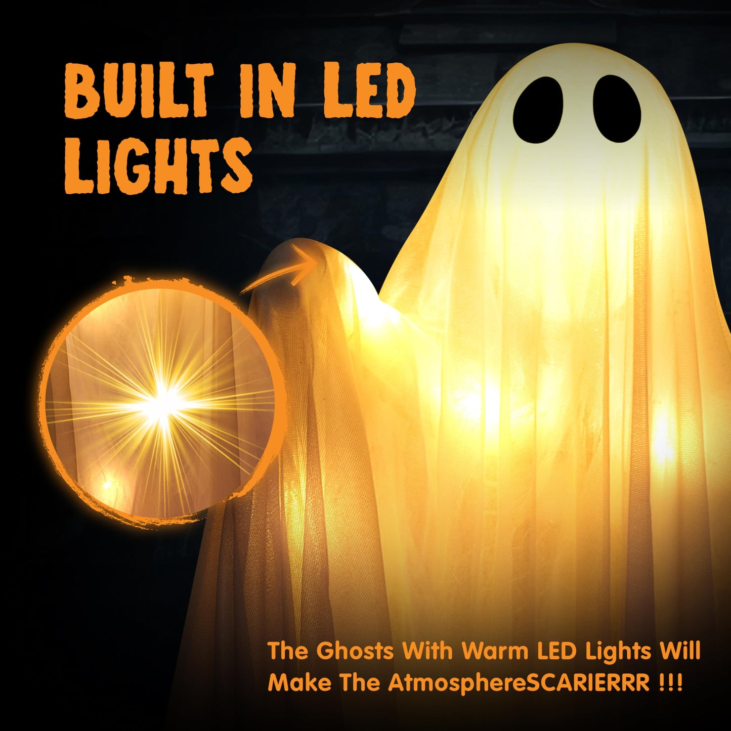 JOYIN 2 Pcs 47” Halloween Light up Hanging Ghost Decoration Outdoor with Warm LED Light, Halloween Flying Hanging Ghosts for Haunted House Prop, Front Yard Patio Party Decor Indoor Outdoor