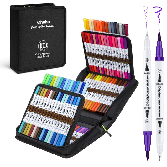 Ohuhu Markers for Adult Coloring Books No Bleeding 100 Colors Water-based Dual Tips Fineliner & Brush Coloring Markers for Kids Adults Beginners Drawing Pens for Journaling Lettering - Maui - White