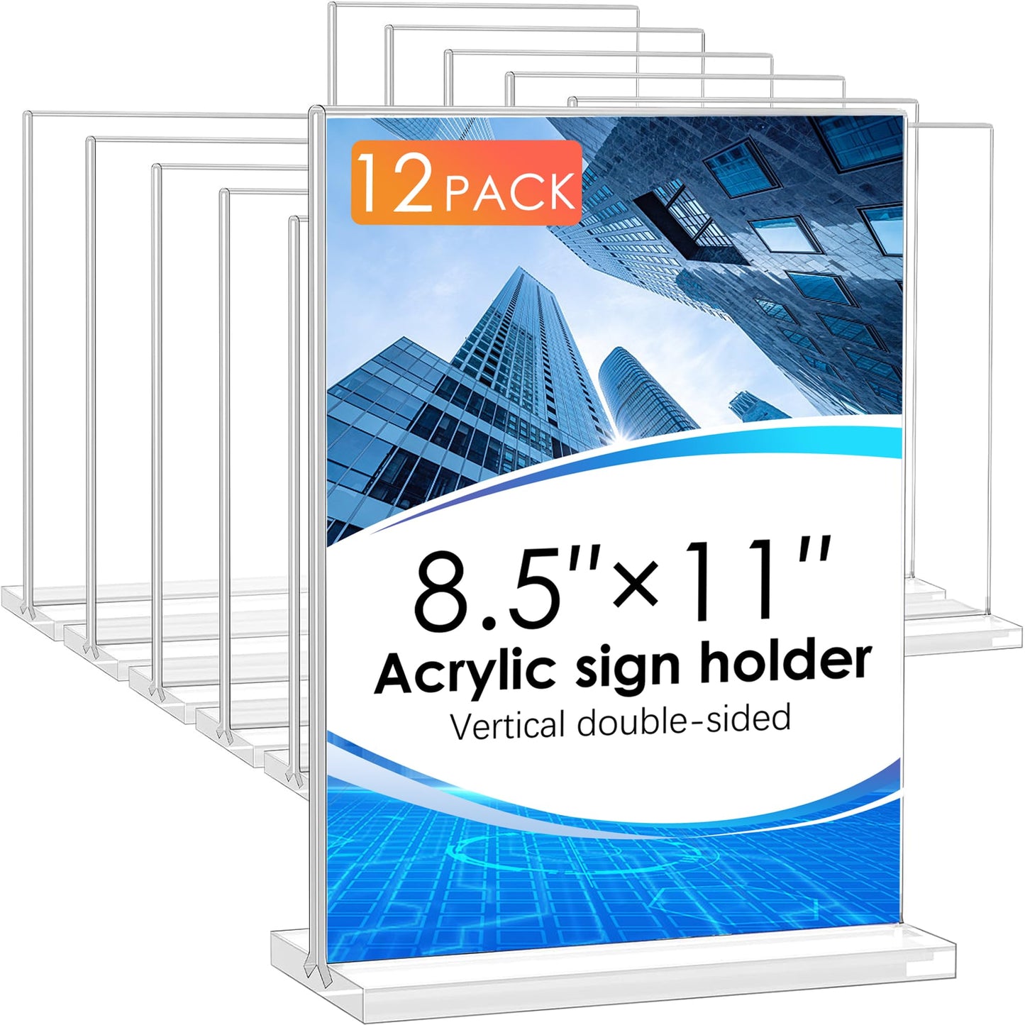 Acrylic Sign Holder 8.5 x 11 Vertical Clear Signs Display Stand Double-Sided Plastic Flyer Holder Stand for Restaurant Office School Store and Home (T Shape 12 Pack)