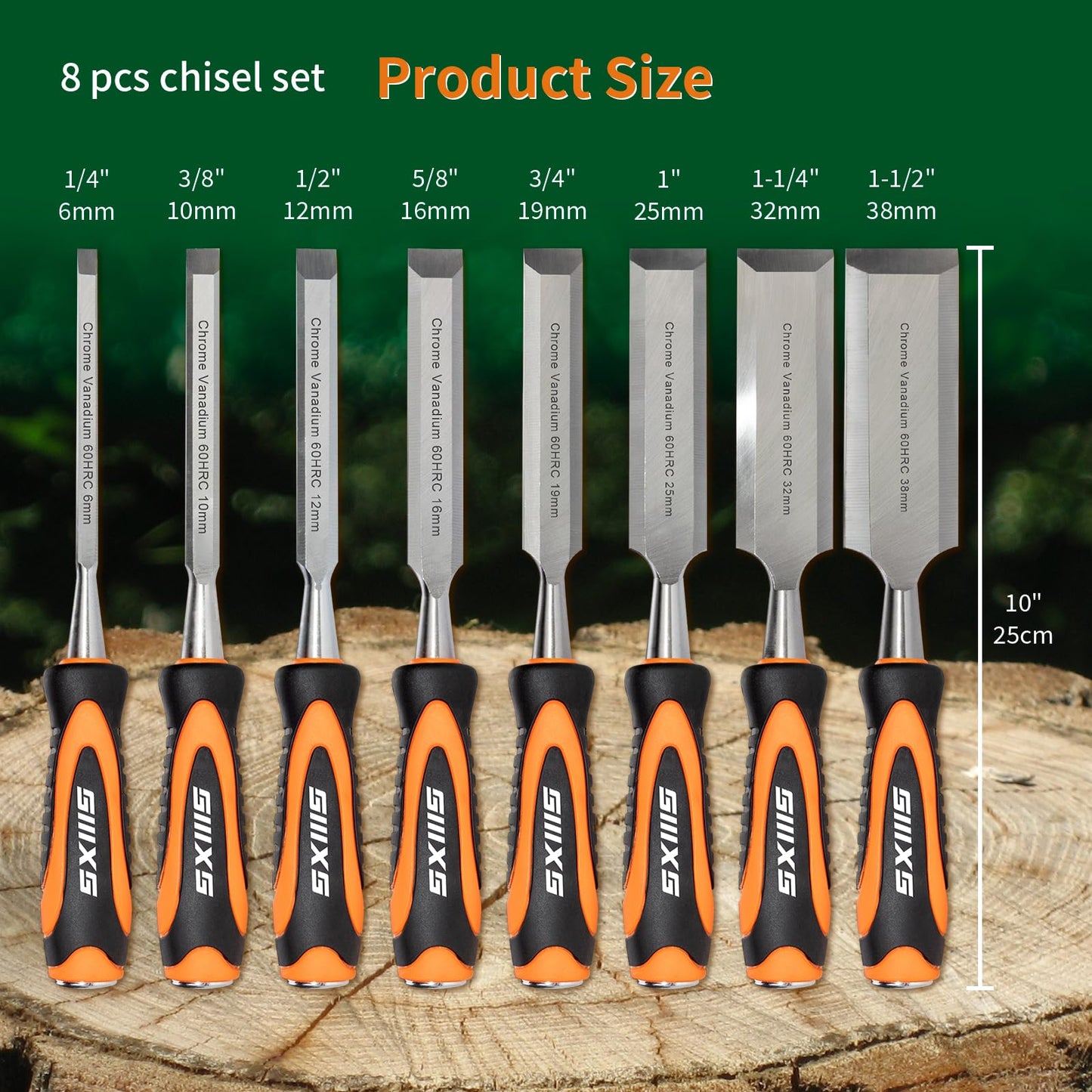 SIIIXS 8pcs Premium Wood Chisel Set, 8pcs Wood Chisel with 1 Honing Guide, 1 Sharpening Stone and 2 Carpenter Pencils