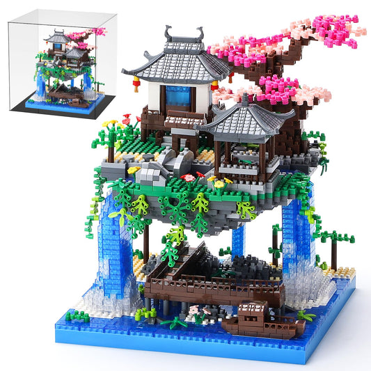 CAXIMSY Cherry Blossom Bonsai Tree House Building Block Sets with Acrylic Display Cover 3320PCS Chinese Architecture of Peach Blossom Micro Mini Building Set Toy Gift for Kids Adults