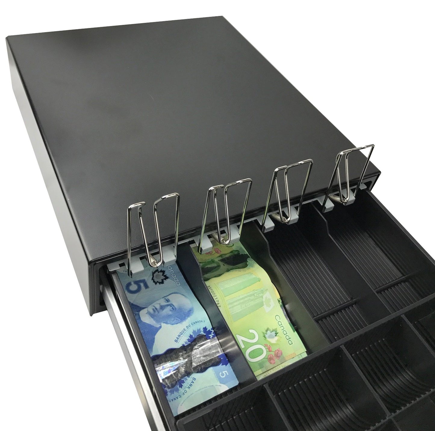 Angel POS Stainless Steel Front 16 X 14 Inch POS Cash Drawer Register Till Draw Box with 24V RJ11/RJ12 Cable, 6 Keys Lock and Removable Coin Tray Media Slot (Black with Stainless Steel Front)