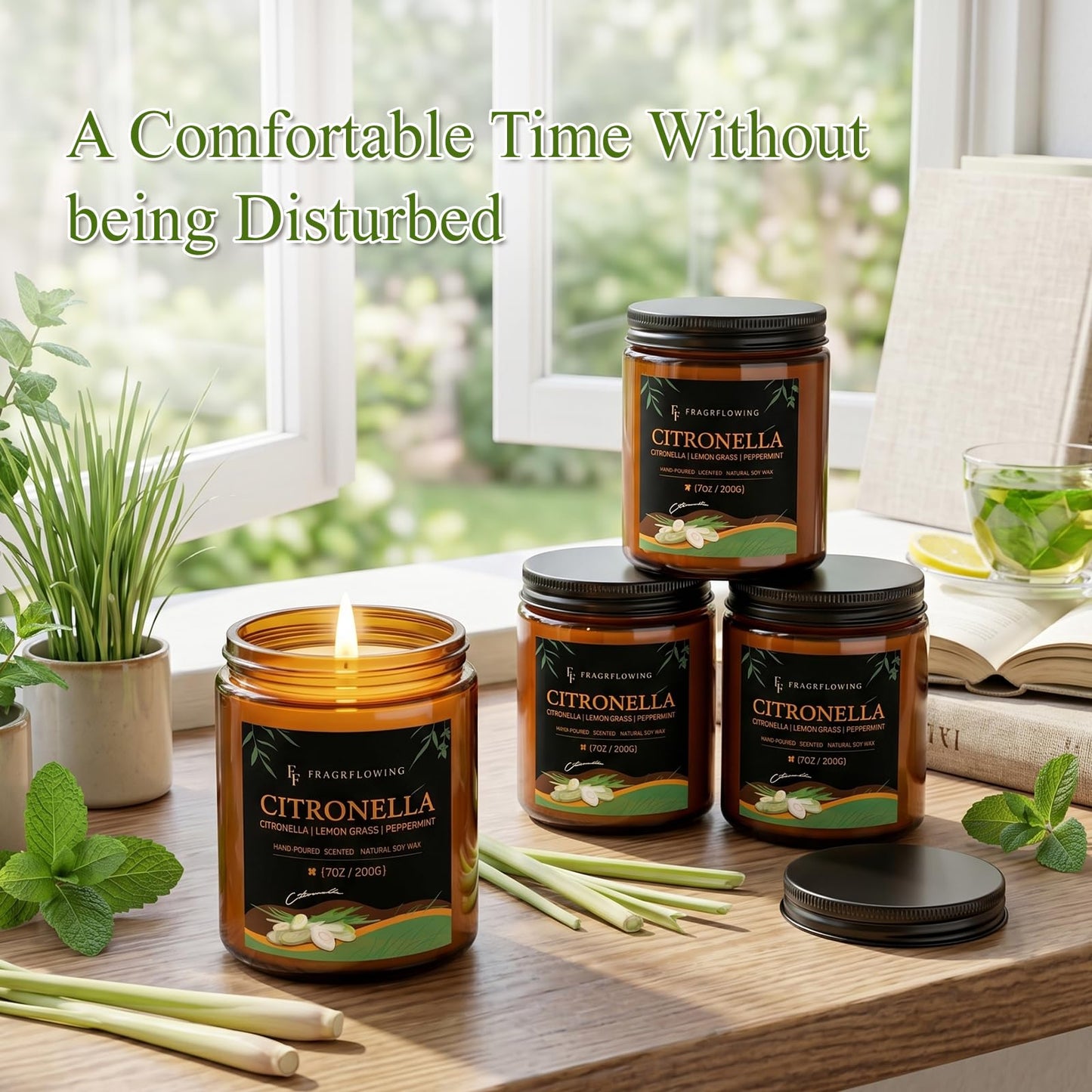 Citronella Candles Set, Indoor Outdoor Lemongrass Scented Candles，Natural Soy Wax Jar Candle, 200-Hour Burn Time, 28 oz (4 Pack)