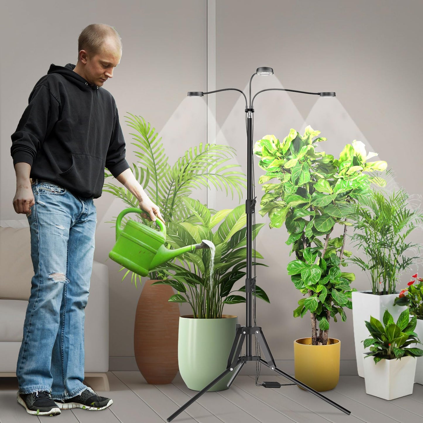 SANSI Grow Lights for Indoor Plants, 500W Equivalent Full Spectrum 3 Head Plant Lights for Indoor Growing, Energy Efficient 30W Dimmable Grow Light 35"-65" Adjustable Tripod Stand Auto On/Off Timer
