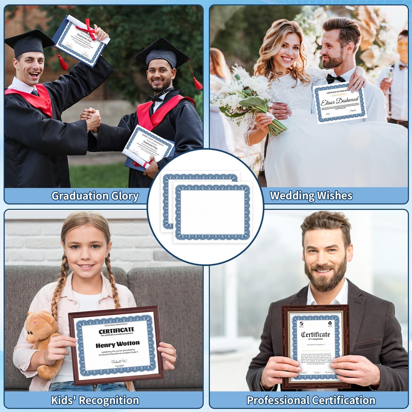 200 PCS Certificate Paper 8.5 x 11 for Printing, Customizable Blank Award Certificates, Diploma Paper with Border for Graduation, Achievement Award, Recognition Document, Navy Blue Floral