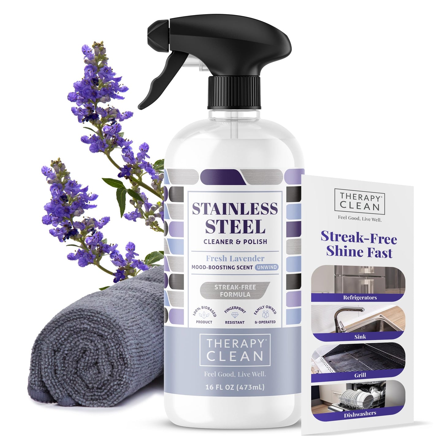 Therapy Stainless Steel Cleaner and Polish 100% USDA BioBased, Fingerprint and Residue Remover, Lavender Essential Oil Scent, Sink Cleaner, Grill Cleaner Spray