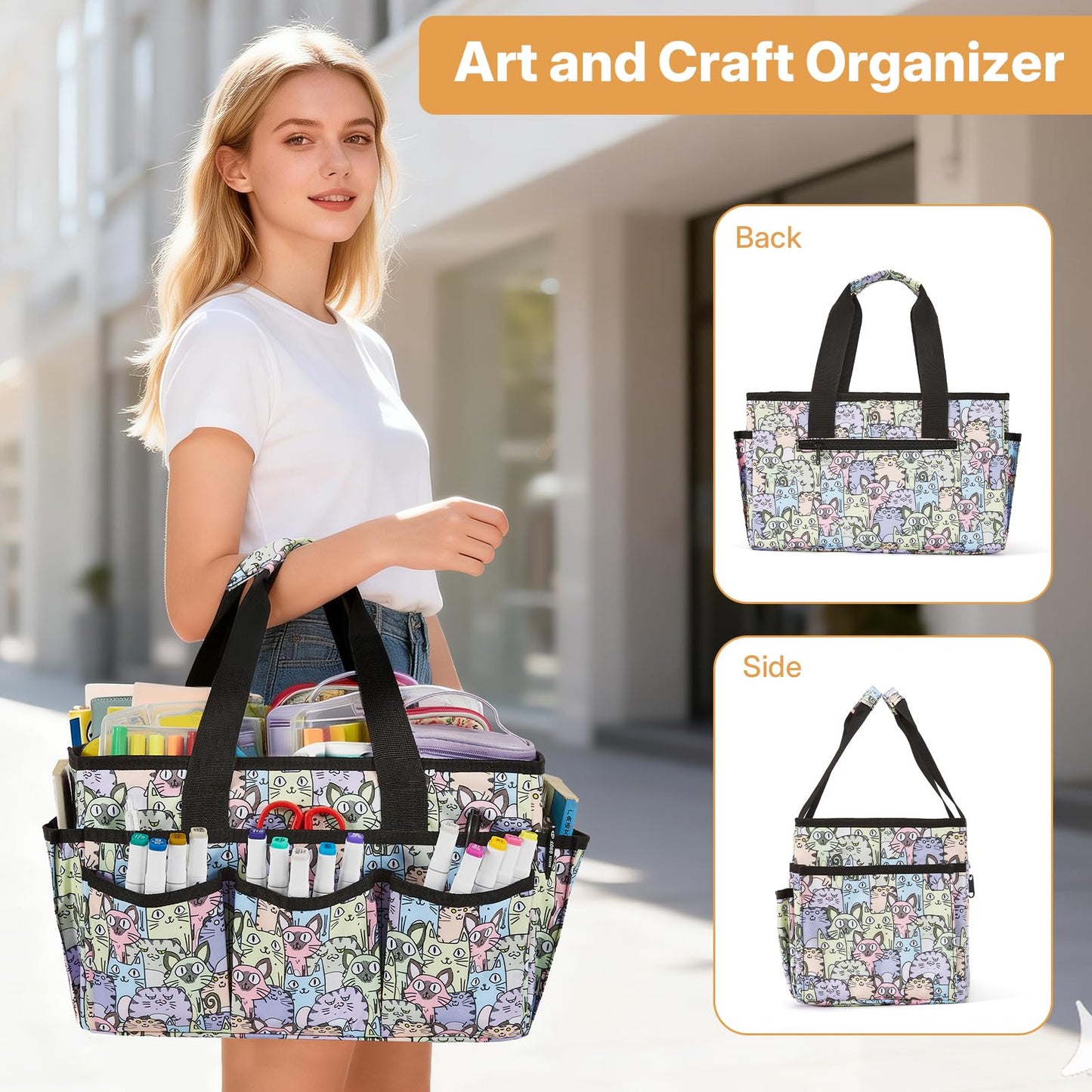 JOSIVIKY Craft Organizer Tote Bag, Art Caddy Bag with Multiple Pockets, Sewing Bags for Scrapbooking, School, Home and Office Supplies (Cat)