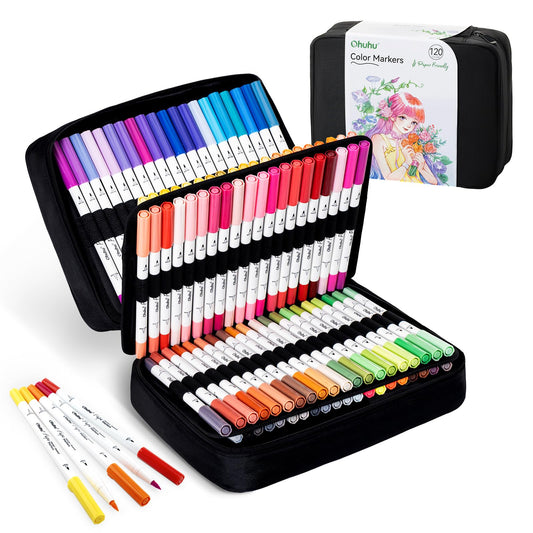 Ohuhu Markers Paper-friendly No Peeling Water-based 120 Colors Dual Brush Fineliner Tips Markers for Adult Coloring Books No Bleeding Drawing Pens for Kids Beginner Calligraphy - Pupe