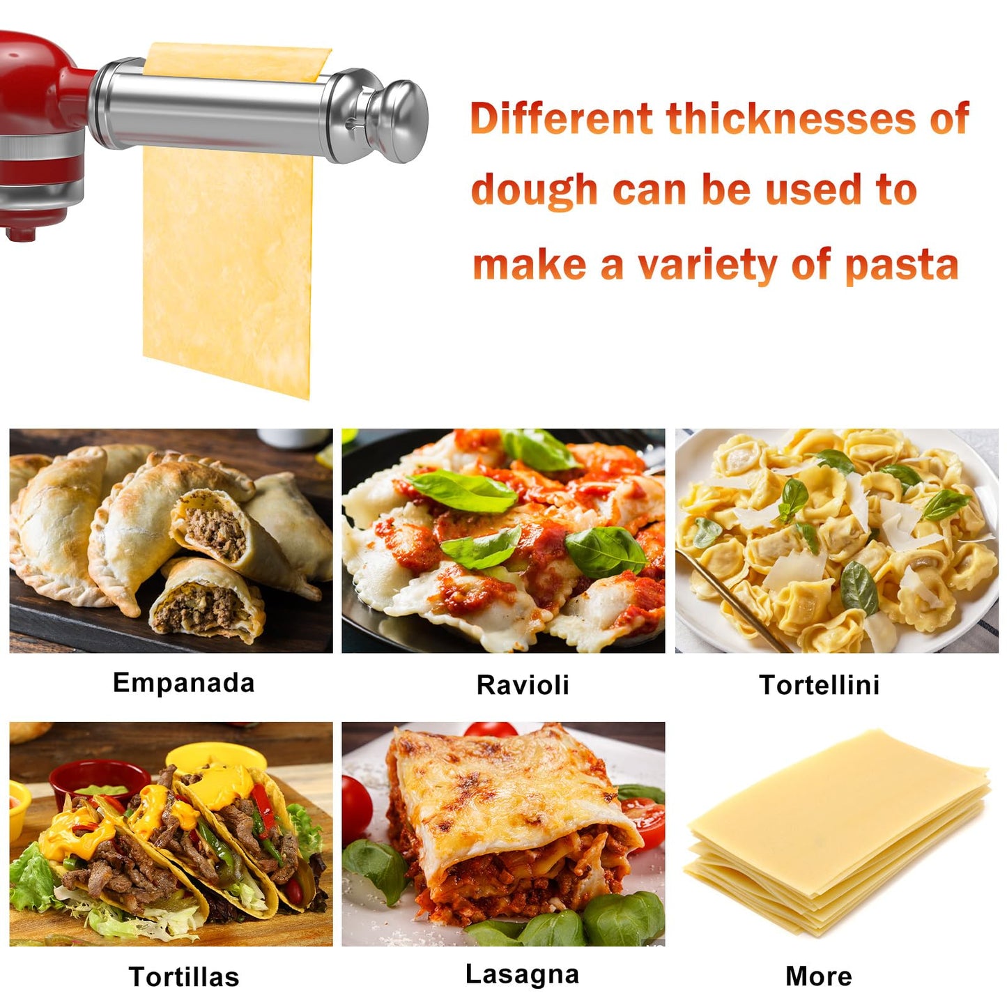 Pasta Roller Attachment for all KitchenAid Standing Mixers, Pasta Maker for Kitchen Aid Accessories and Attachments, Noodle Dough Sheet Roller with 8 Different Thickness Knob, Stainless Steel
