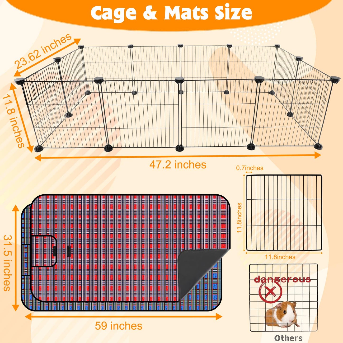 FHTONGE Large Guinea Pig Cage Habitat with 2 Pcs Waterproof Bedding, 8Sq Ft Guinea Pig Playpen with Mat, Metal Small Animal Playpen with Mat for Hamster Hedgehog Dwarf Rabbit (12 x Cage Panels)