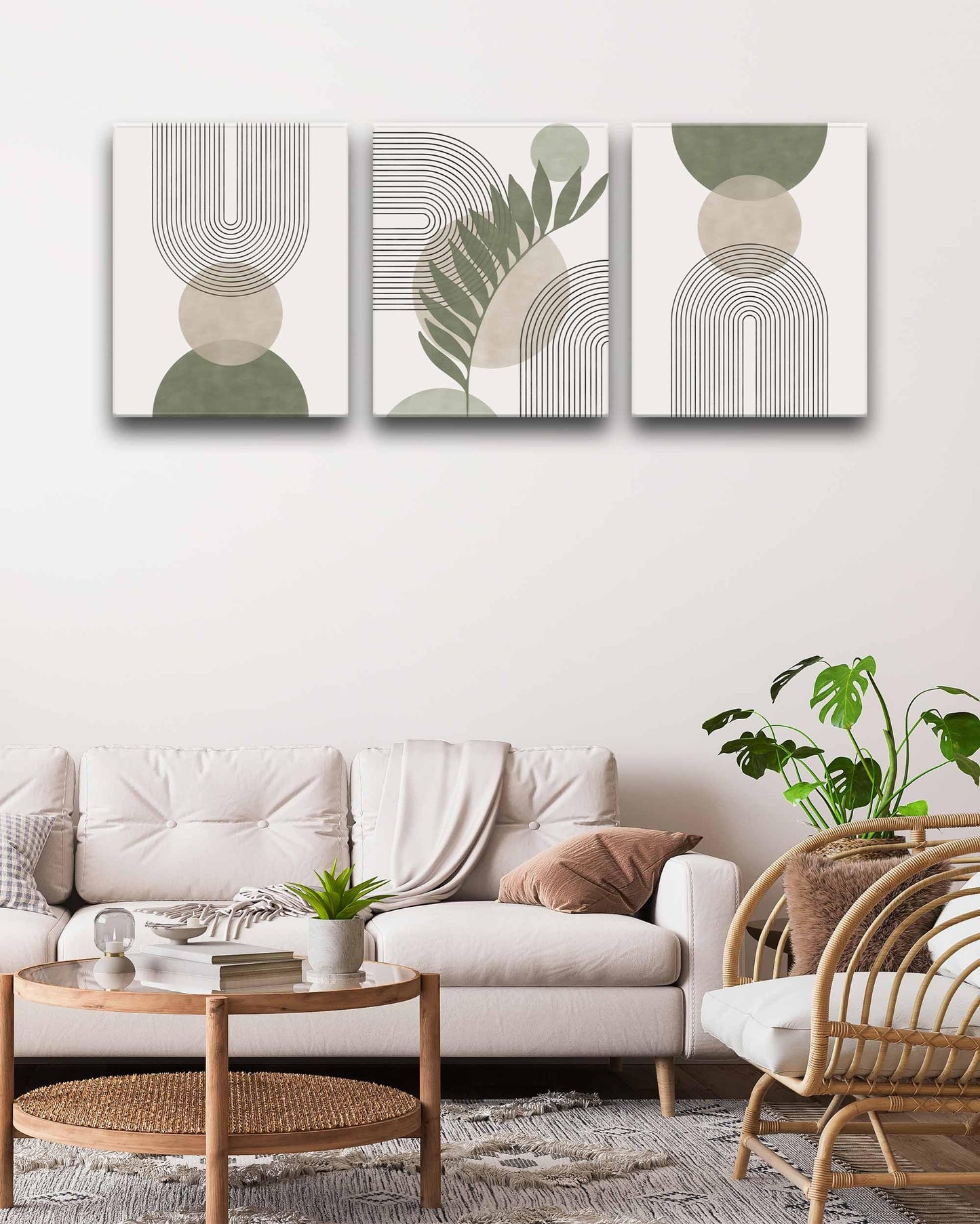 HesenDot Sage Green Boho Wall Art,30x40CM Framed Canvas Posters Prints,Minimalist Wall Decor Pictures,Mid-Century Modern Wood Framed Abstract Printing for Living Room Bedroom Bathroom Office,Set of 3