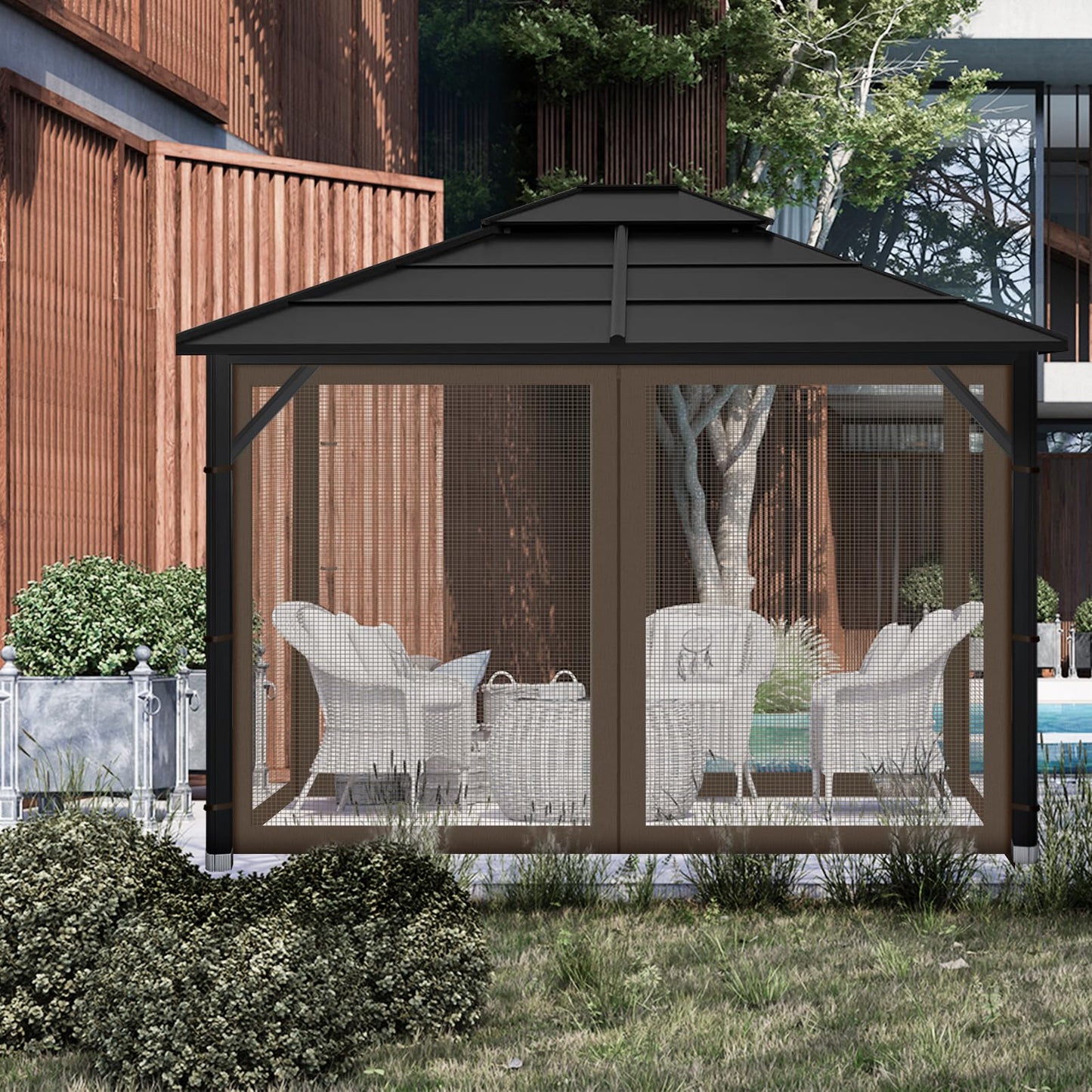 Gazebo Replacement Mosquito Netting Outdoor Universal Gazebo Canopy 4-Panels Screen Sidewalls with Zipper for Patio Garden Yard Backyard (Mosquito Net Only) (10x10, Coffee)