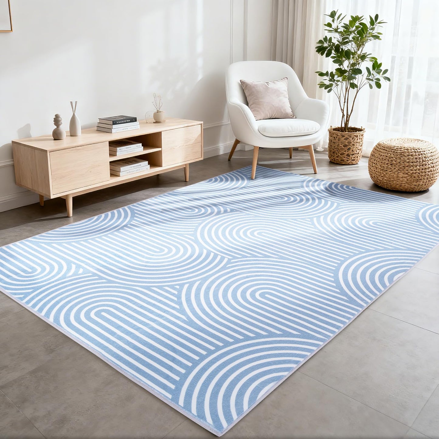 Area Rug 5x7 for Living Room, Washable Geometric Rug for Bedroom, Low Pile, Soft & Non-Slip Abstract Large Carpet for Classroom, ‎Dining Room, Office, Kids Playroom, Blue
