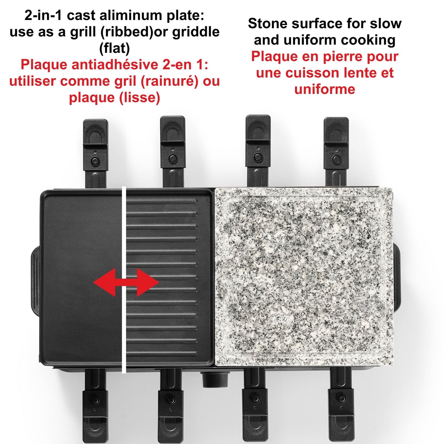 Starfrit 8-Person Raclette Party Grill - 2-in-1 Die-Cast Aluminum & Cooking Stone - Reversible Grill/Griddle Plate - Adjustable Temperature - 8 Non-Stick Spatulas & Dishes -1300W