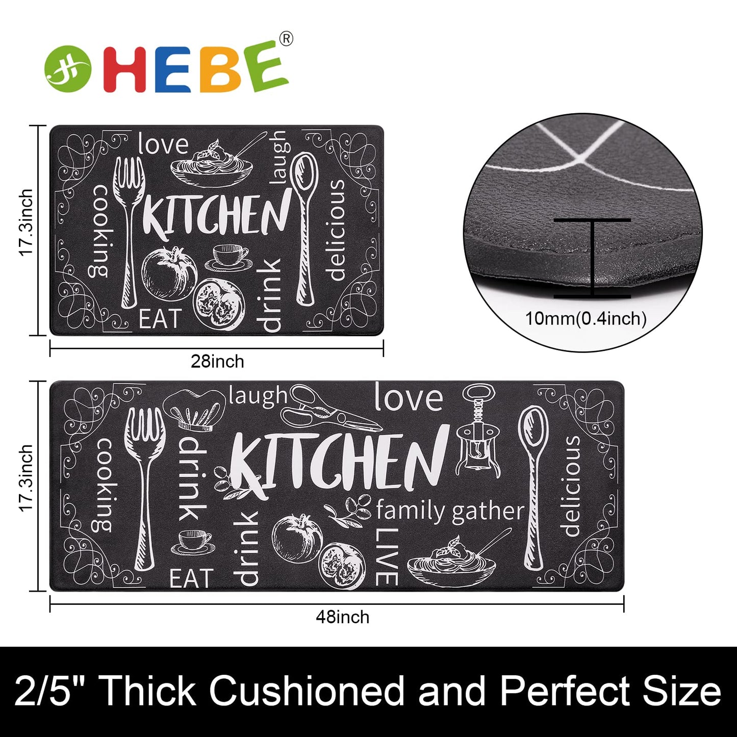 HEBE Anti Fatigue Kitchen Mat Set of 2 Non Slip Thick Cushioned Kitchen Rug Sets with Runner 17 inches x48 inches +17 inches x28 inches Heavy Duty Comfort Standing Mats Waterproof Kitchen Carpet