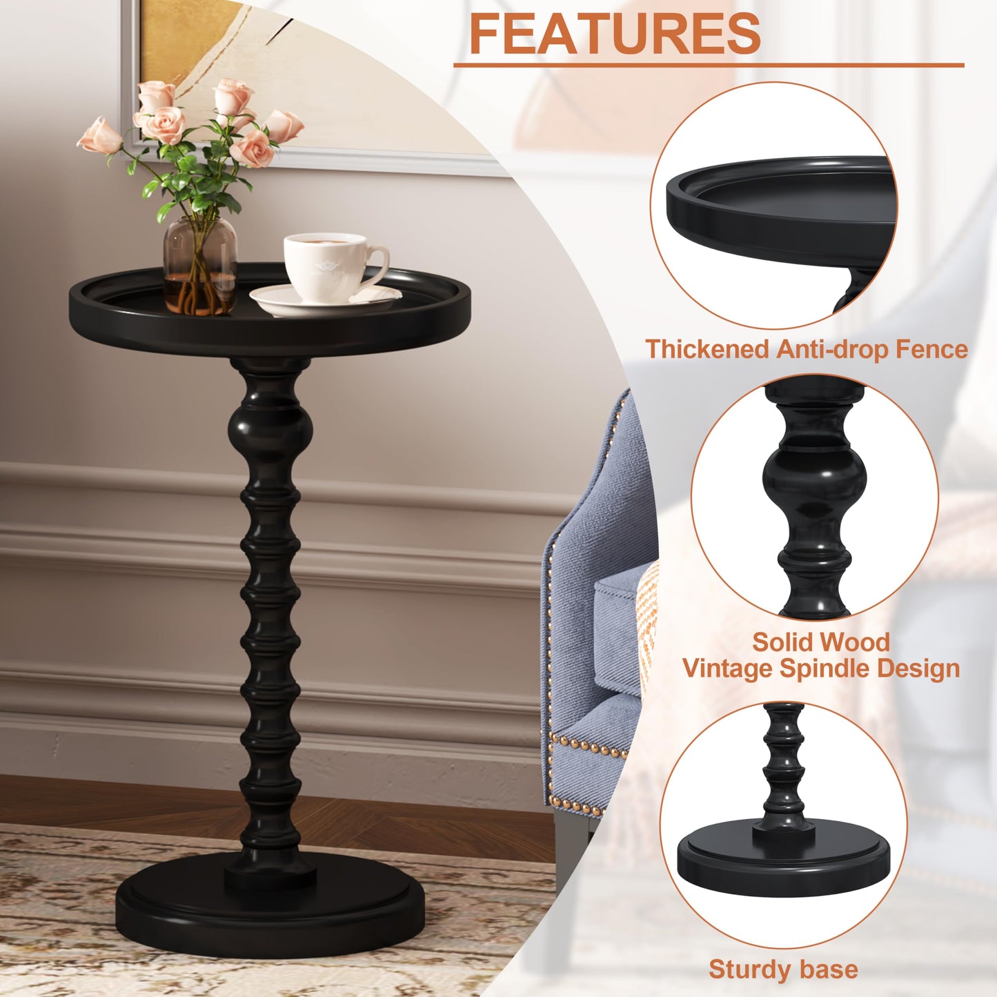 Yusong Round Side Table, Small Drink Table for Small Spaces, Industrial End Table, Accent Nightstand Bedside Table for Living Room, Bedroom, Sofa Couch,Black