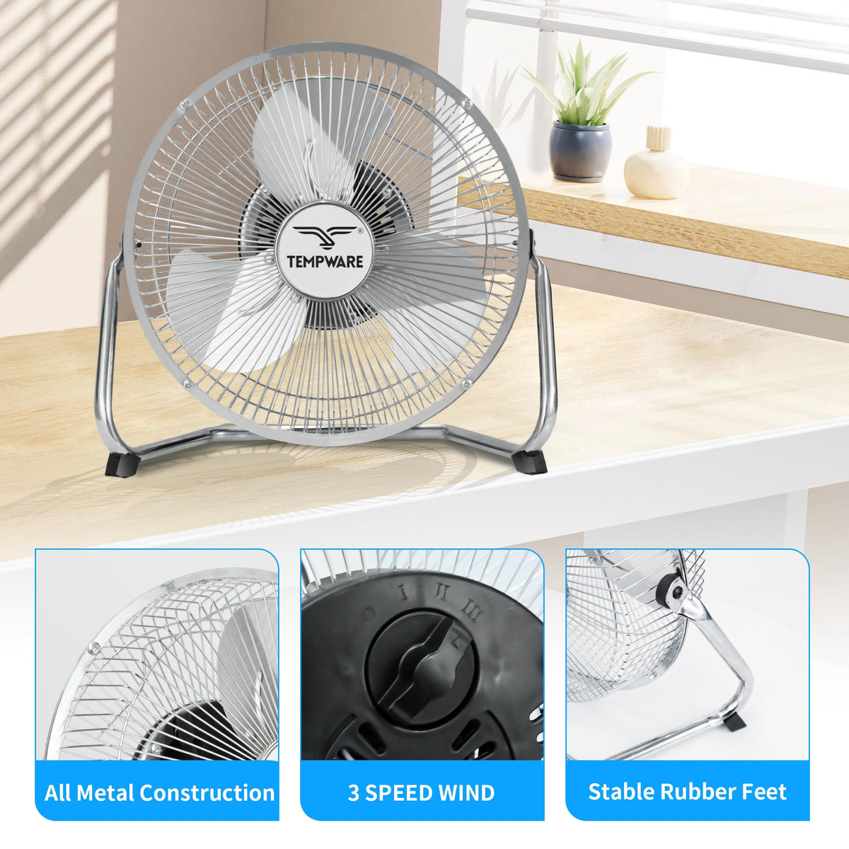 TEMPWARE All Metal Floor Fan 9 Inch, 3-Speed Portable Metal Fan with Adjustable Tilt, Quiet Small Cradle Floor Fan for Home, Office, Bedroom