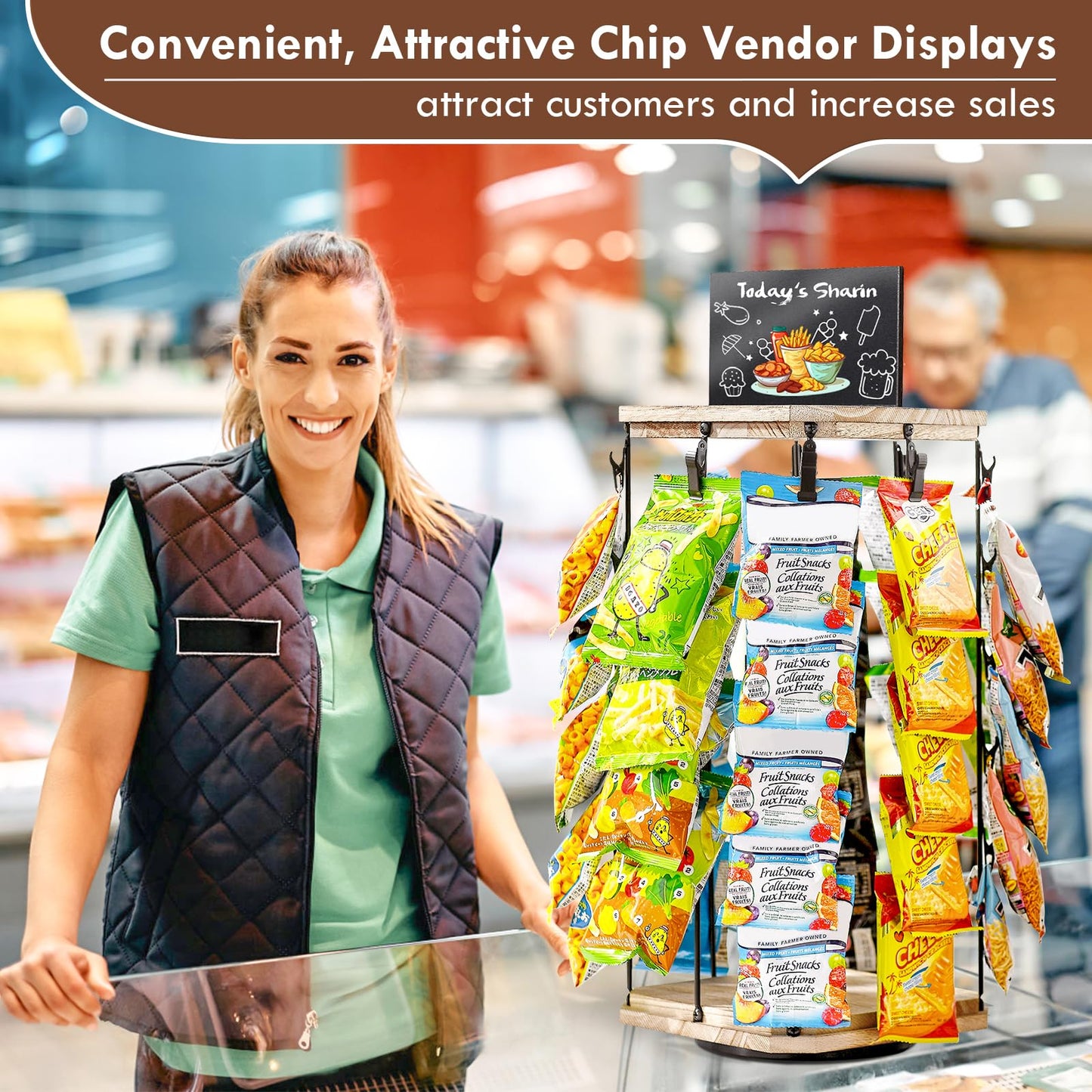 Pinzoveco Chip Rack Display Stand, 5 Tiers 40 Clips Snack Organizer for Office Desk, 360° Wooden Base Chip Holder Candy Display for Concession Stand, Countertop, Party, With Message Board