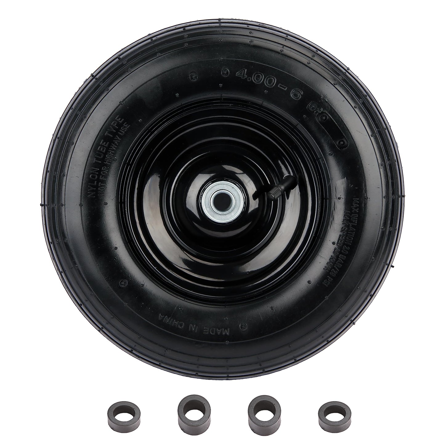 PEAKTOW PTW0004 Air Filled 13 Inches 5/8” Bearing 4.00-6” Universal Replacement Wheelbarrow Wheel Tire with Adapter Kit