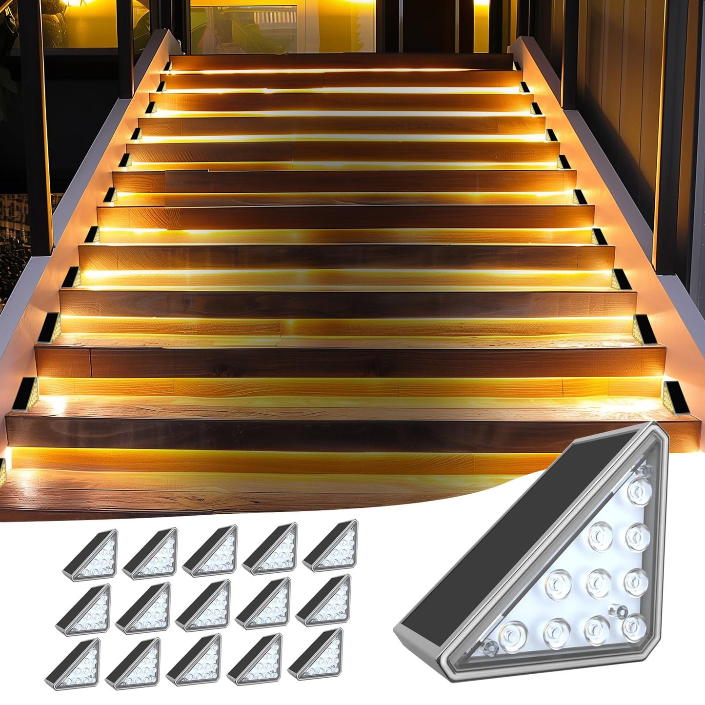 Solar Stair Lights Outdoor Waterproof IP67, High Brightness Warm White, Outdoor Solar Step Lights, Step Lights Outdoor Solar Powered, Deck Step Lights for Stair, Deck (Warm White, 16-Pack)