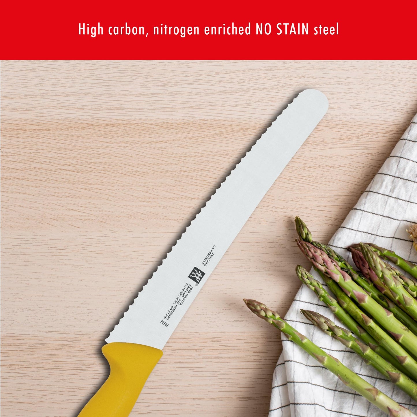 ZWILLING Twin Master 9.5" Bread Knife with Scalloped Edge | 57 Rockwell Hardness | Ergonomic Non-Slip Synthetic Resin Yellow Handles with Enclosed Tang | Made in Spain