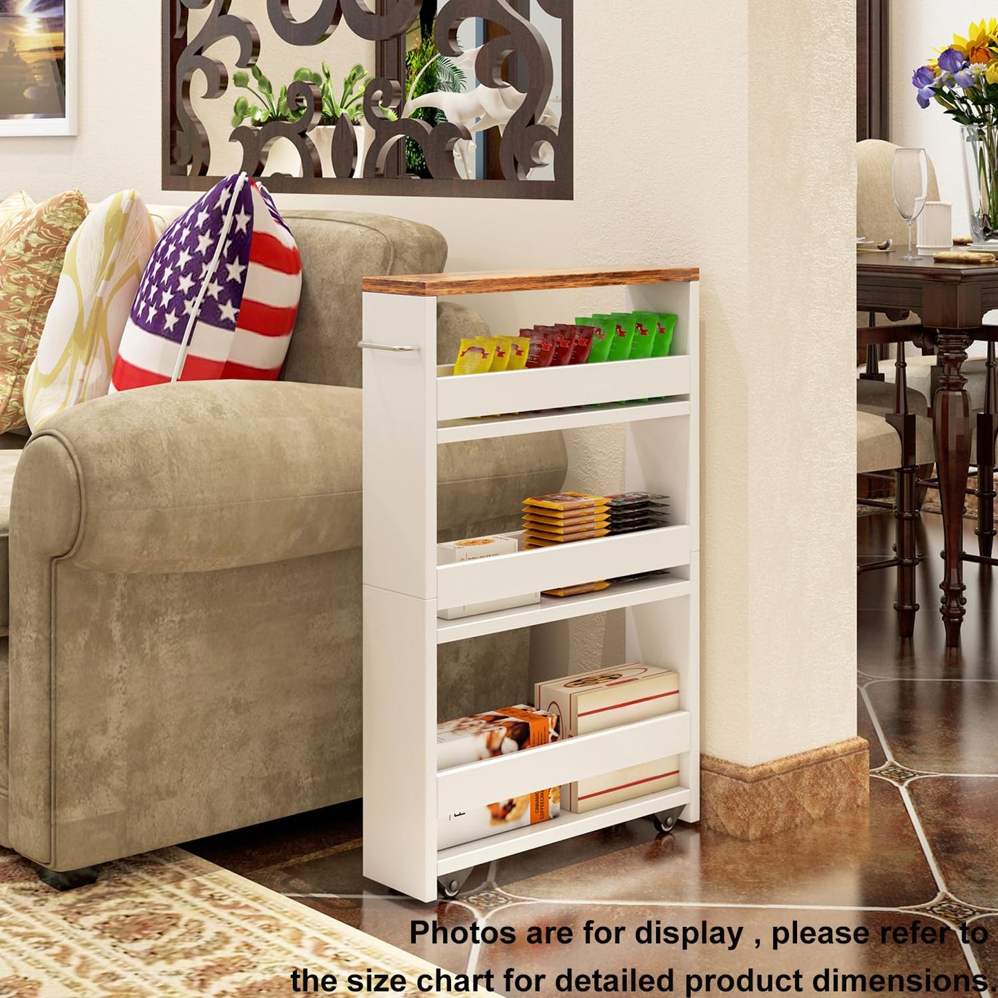 TEAMIX 4 Tier White Slim Storage Cart with Handle, Slide Out Storage Rolling Utility Cart Mobile Shelving Unit Organizer Trolley for Small Spaces Kitchen Laundry Narrow Places
