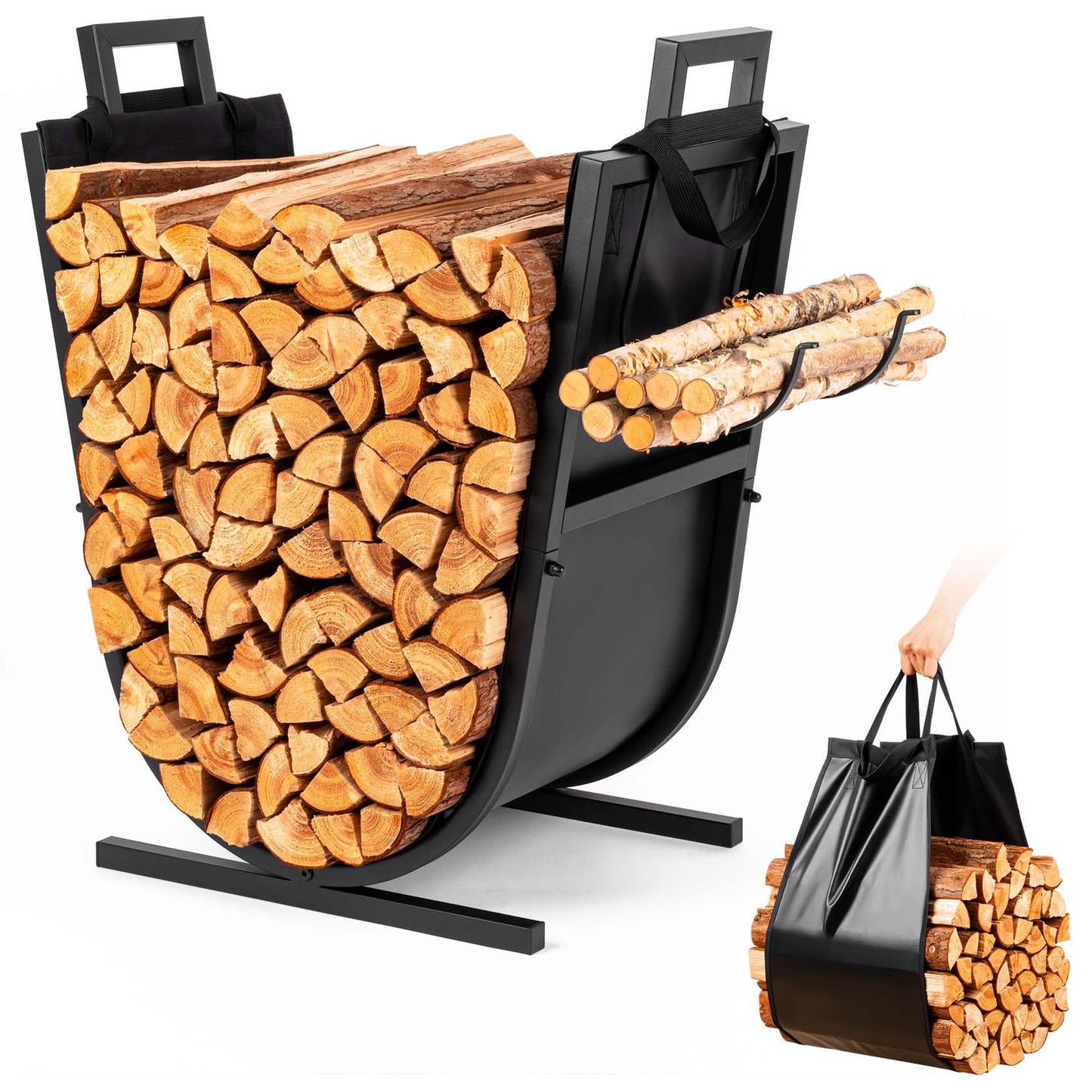 LATIHUUM Firewood Rack Outdoor and Indoor - 27 inch Rustproof Heavy Duty Firewood Storage with Kindling Hooks & Canvas Carrier, Sturdy Fireplace Log Holder Fireplace Decor Organizer