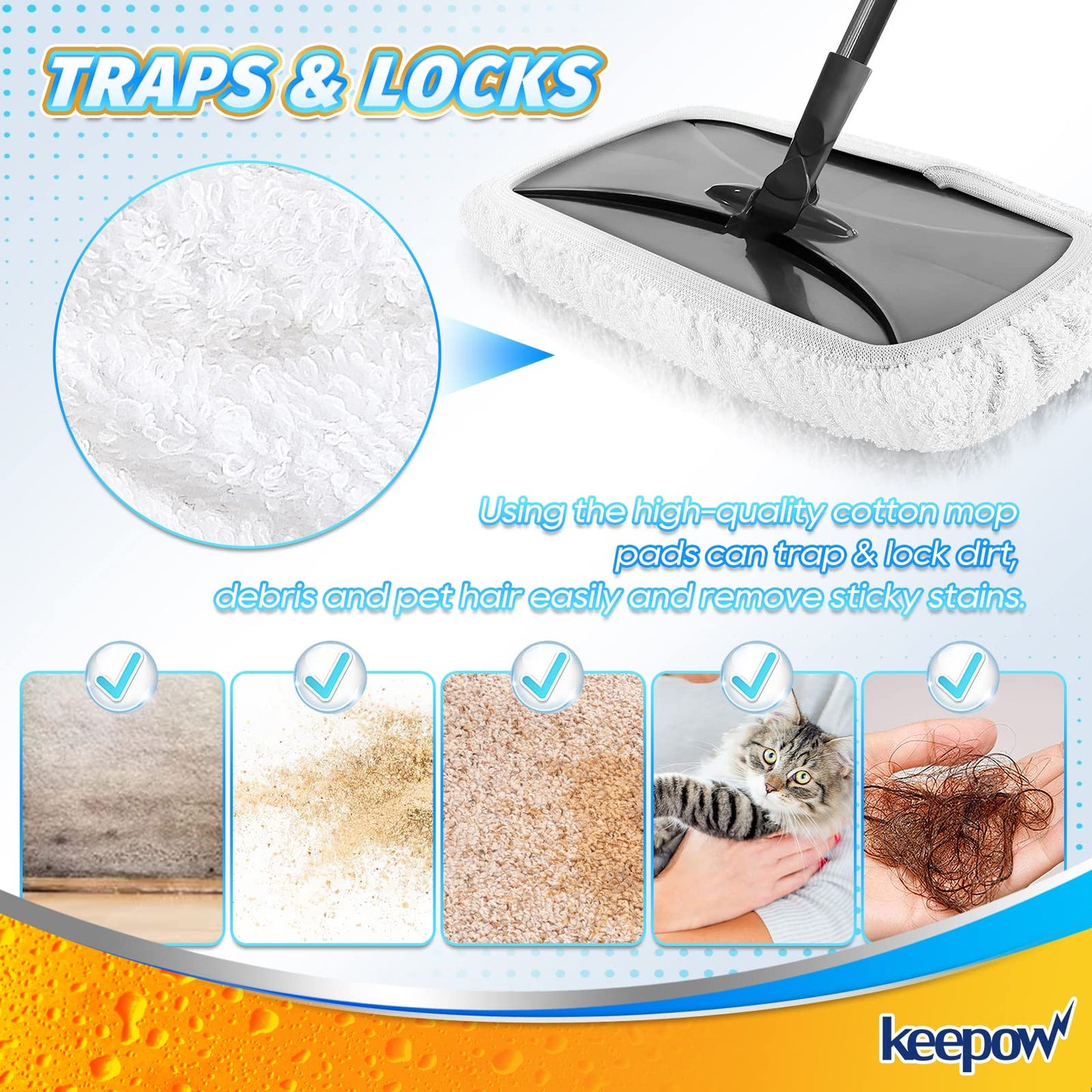 KEEPOW Reusable Mop Pads Compatible with O Cedar Hardwood Floor'N More Microfiber Mop, Mop Refill Heads Replacements for Wet and Dry Use, 15x8 Inch, 6 Pack