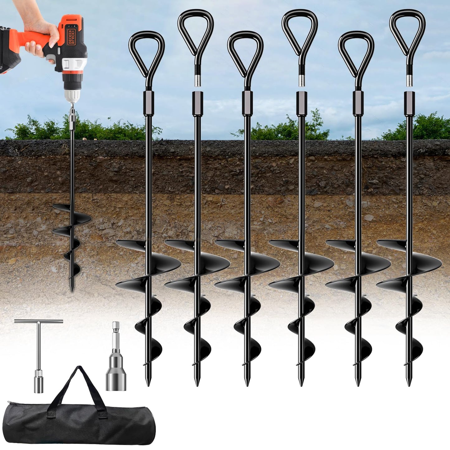 Phopich 6 Pack 18" Long Ground Anchor, Heavy Duty Earth Anchors 18 inch Ground Anchors Screw in Kit with T-Handle Hex Wrench for Camping Tent, Swing Sets, Securing Animals, Sheds, Trampoline