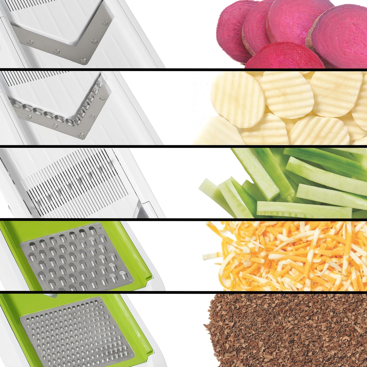 Starfrit Cubing Pro Mandoline Slicer, Dicer - 4 Blades & Graters with Storage Box - Straight & Crinkle V-Blades, Fine & Coarse Graters - 10 Thickness Settings, 3 Julienne Sizes