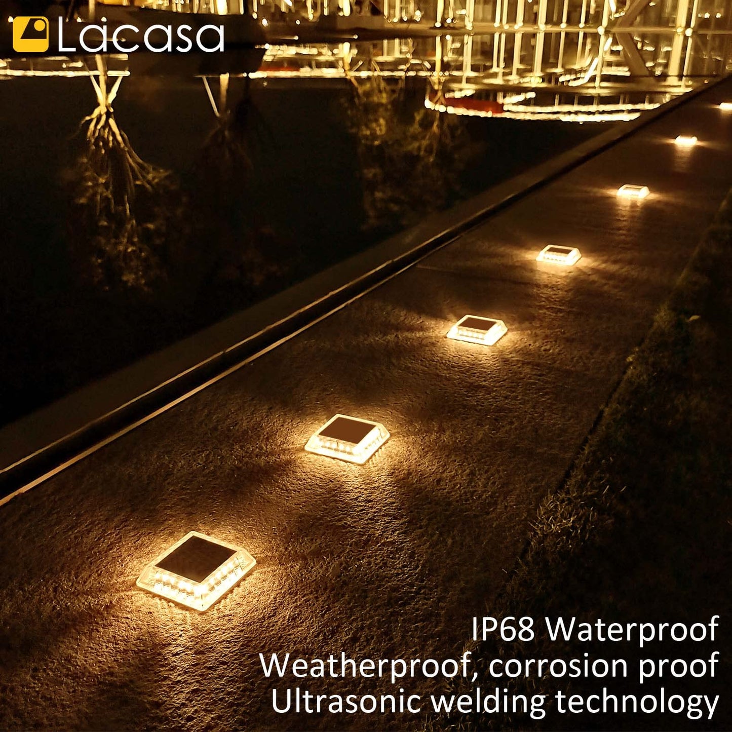 Lacasa Solar Deck Lights, 4 Pack 30LM LED Dock Lights Warm White 2700K, Outdoor Solar Powered Step Lights Light up All Night IP68 Waterproof Auto ON/Off for Garden Stairs Driveway Pathway Lighting