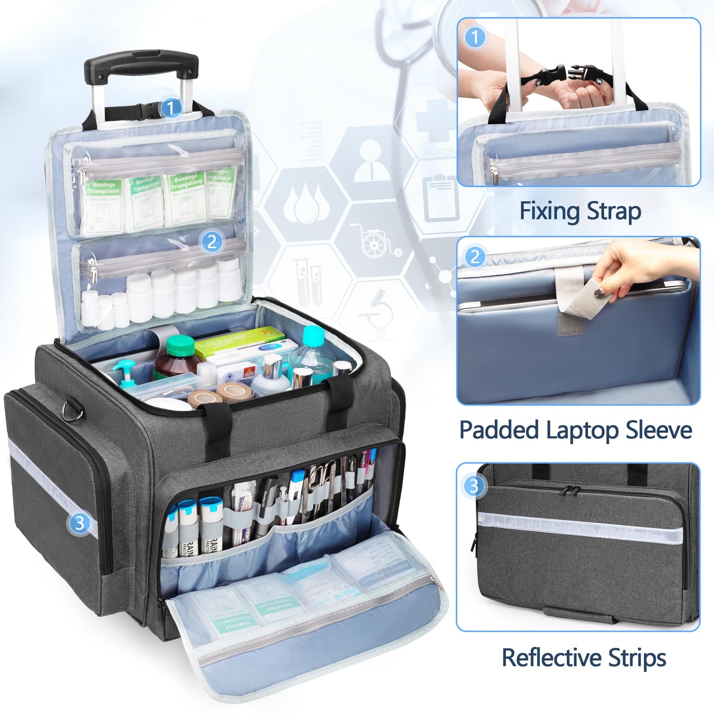Damero Rolling Medical Bag with Detachable Trolley, Medical Bag on Wheels with Dividers, Medical Equipment Storage Bag for Home Health Nurses, Doctors, EMT, EMS, Gray