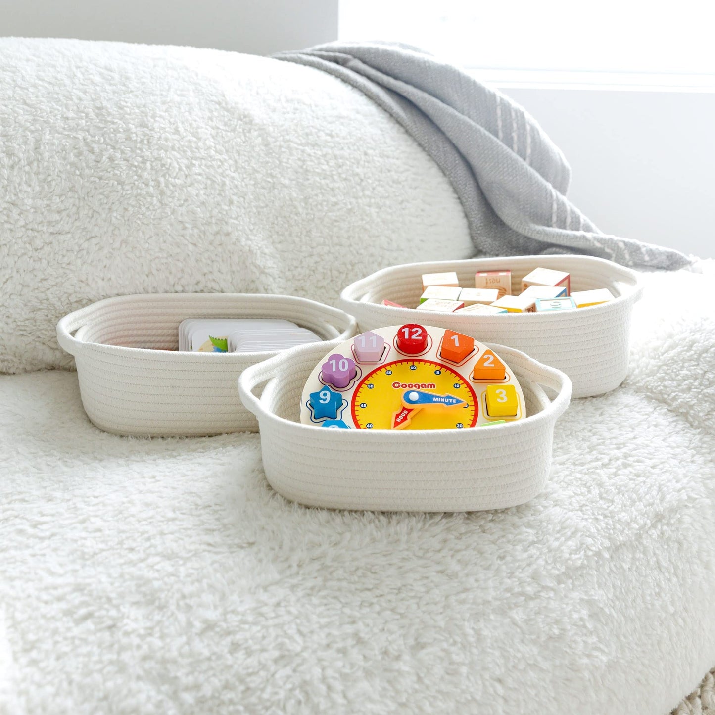 NaturalCozy 5-Piece Rectangle Storage Basket Set- Natural Cotton Rope Woven Baskets for Organizing! Small Basket for Montessori, Baby Nursery, Dog Toy Baskets, Cat Toy Box, Bathroom Organization Bin