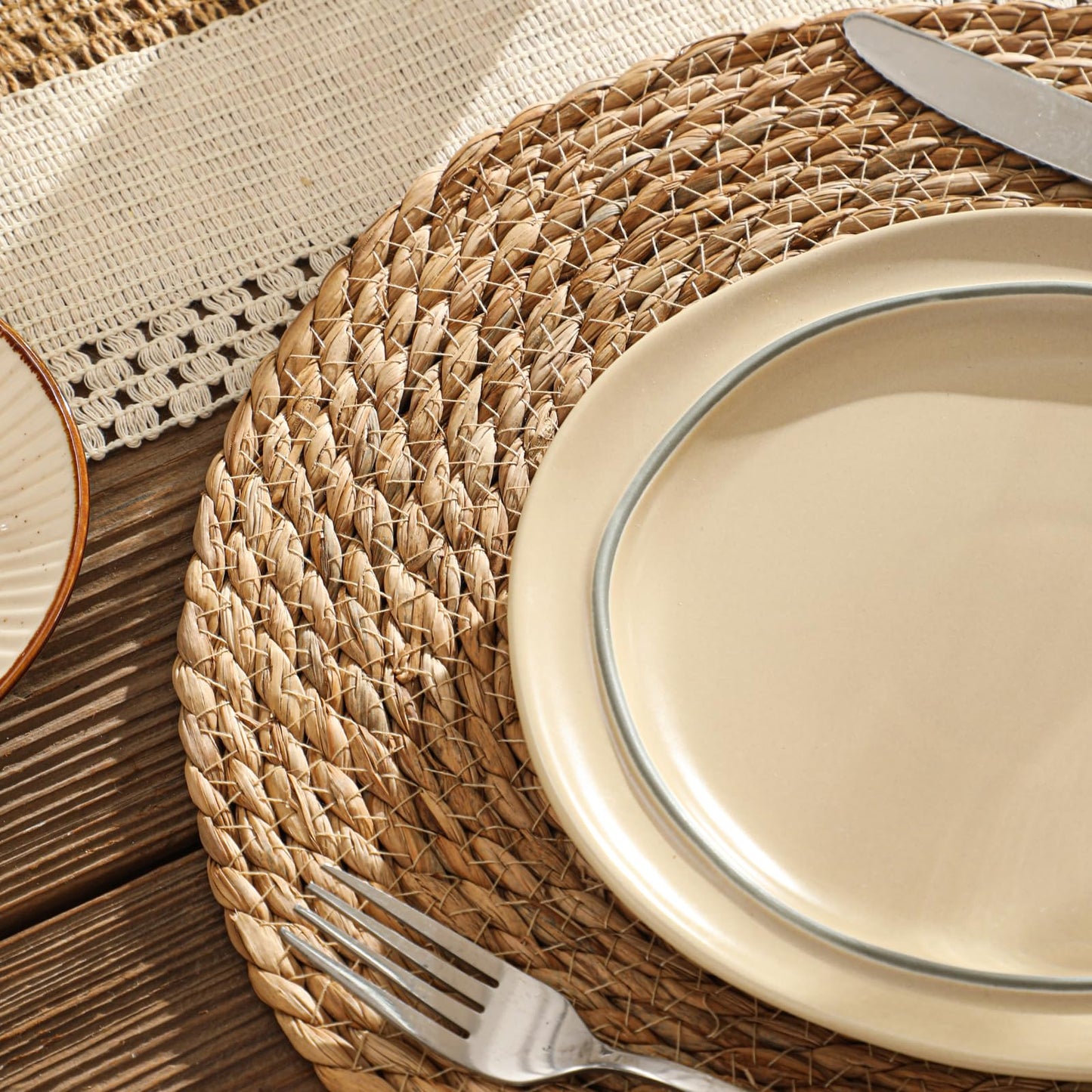 Round Woven Placemats Set of 12, 13.5 inch Boho Rattan Chargers for Dinner Plates, Rustic Wicker Place Mats, Hand-Woven from Natural Hyacinth, for Dining Table, Farmhouse, and Thanksgiving