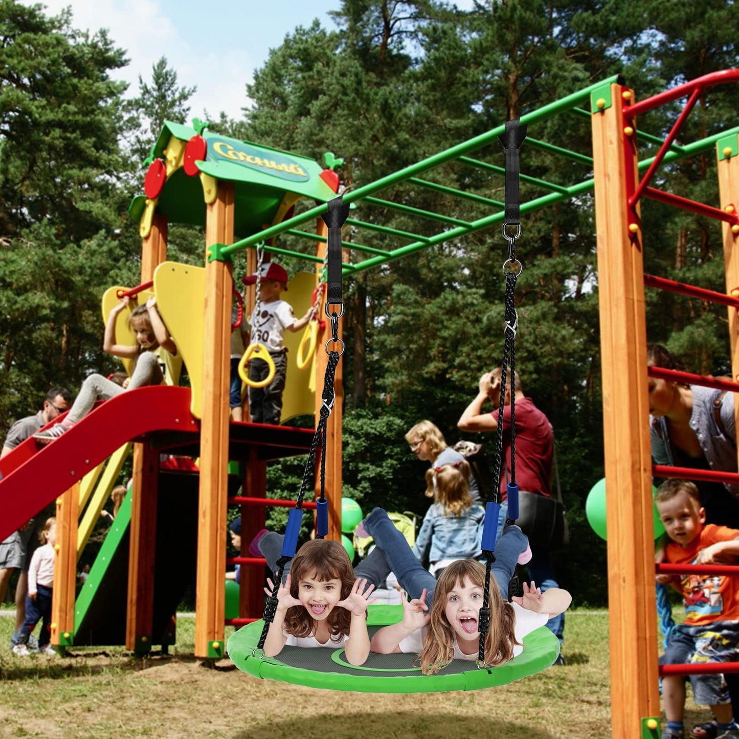 40 Inch Flying Saucer Tree Swing for Kids Adults,Round Indoor/Outdoor Swing Set with Hanging Strap Kit,Circle Swing with Steel Frame & Adjustable Rope,Easy to Install&750lb Weight Capacity