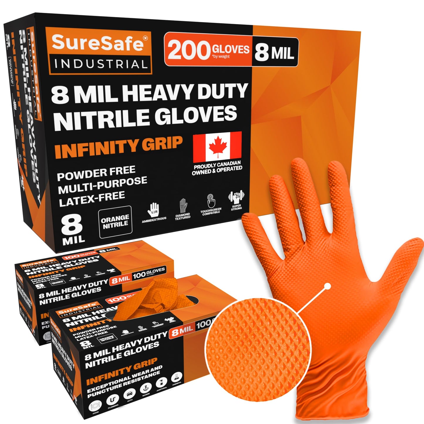 [200 Pack] SURESAFE 8 Mil Nitrile Gloves Large, Orange Mechanic Gloves Disposable Heavy Duty, Powder & Latex Free, Diamond Grip, Fully Textured & Ribbed, For Work, Mechanics, Plumbing