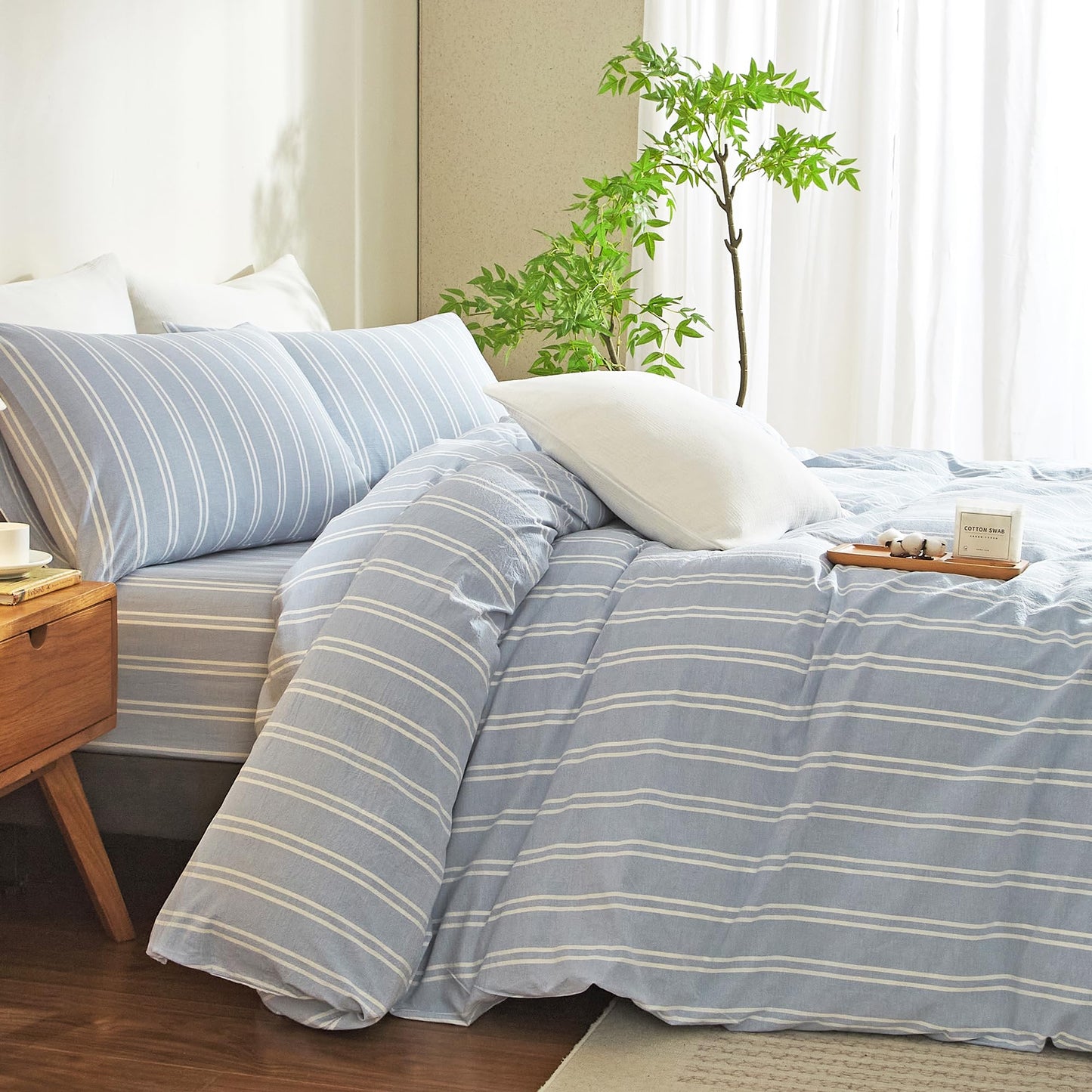 Duvet Cover Full Size Blue White Striped Duvet Cover Set Washed Cotton Linen Feel Chic Bedding Set for All Seasons Breathable Durable Textured (Wide Striped QLBT)