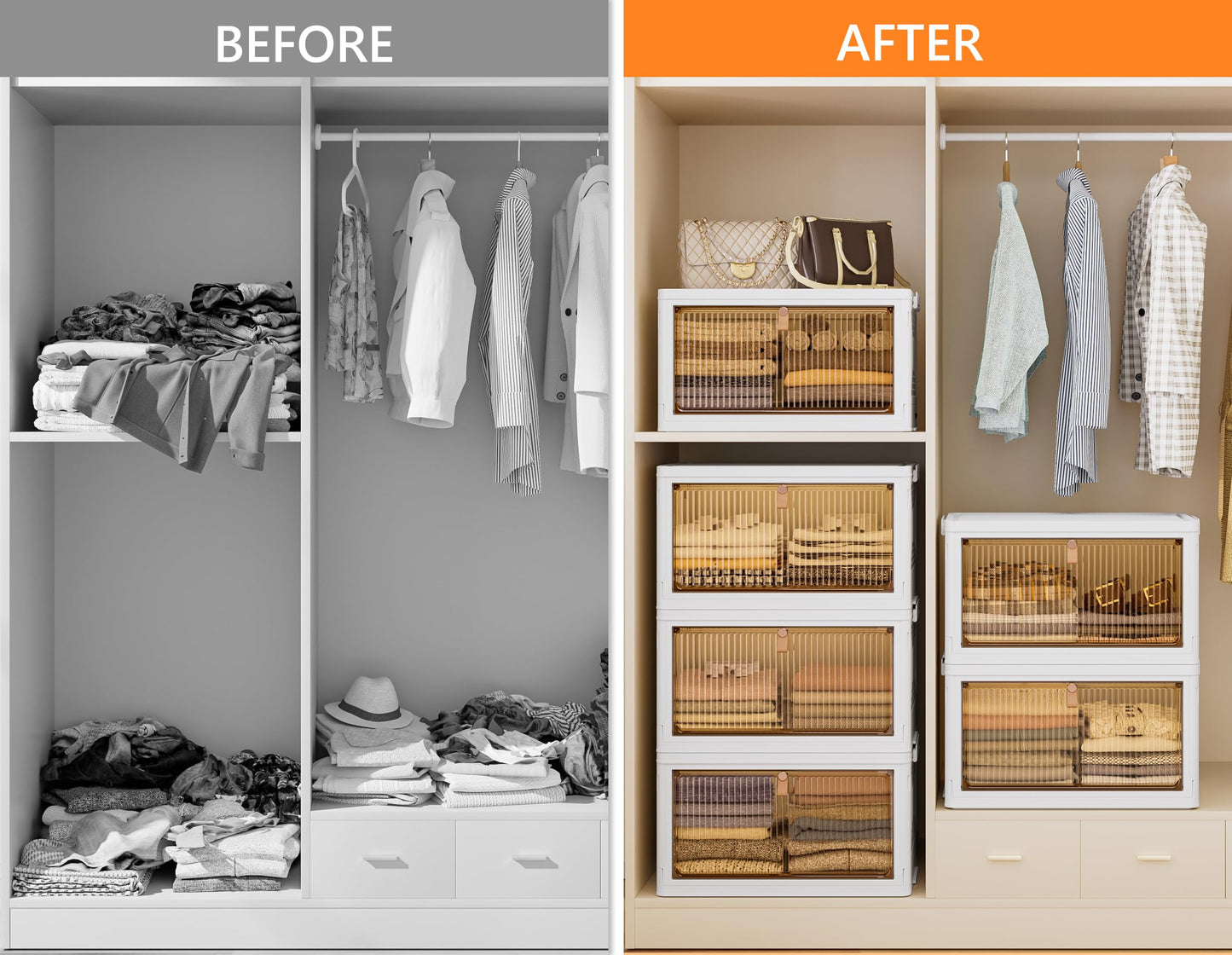 HOMIDEC Closet Organizers, 3 Tiers with a Top Lid, Wardrobe Closet with Wheels, Closet Organizers and Storage for Clothes, Stackable Closet Storage Bins, for Living Room, Bedroom, White 33L*3 Pack