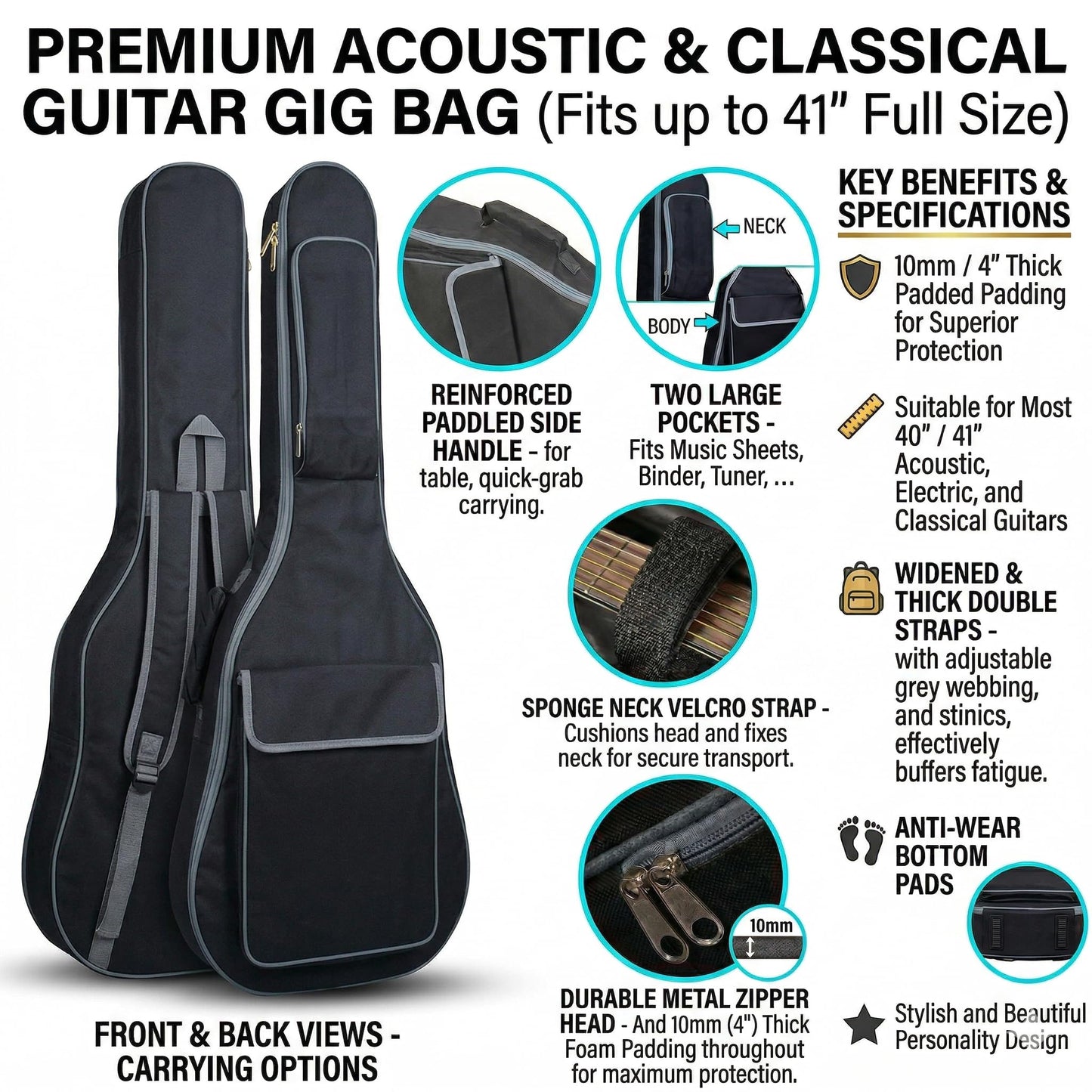 Kunova Acoustic Classical Guitar Carrying Case, Gig Bag with 10mm Thick Padded Padding, Two Large Pockets for Music Sheets, Binder, Picks, Strings, Tuner, Max 41" Full Size Guitar