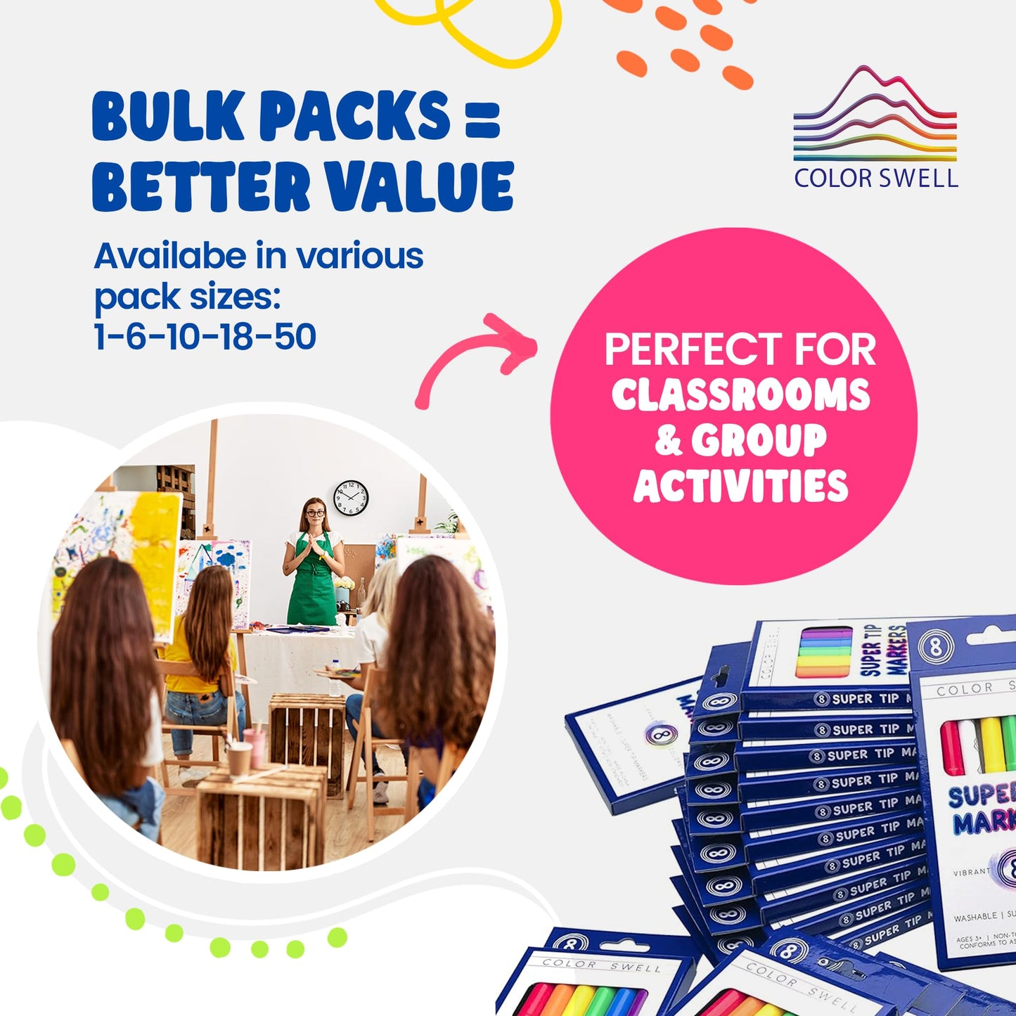 Color Swell Bulk Markers - 18 Packs 8 per Pack (144 Total) - Super Tip Bulk Markers